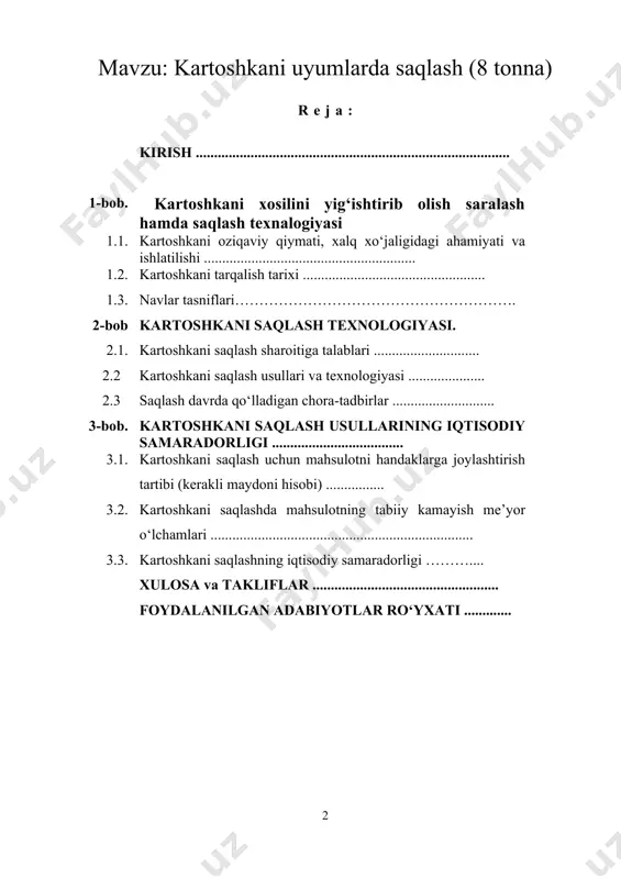 vat manbasidir. shu sababli uni xalq ardoqlab “ikkinchi non” deb ataydilar. aholini oziq-ovqatga bo‘lgan ehtiyojini to‘laroq ta’minlash ekin maydonlaridan samarali foydalanishni talab qiladi, yangi navlar yaratish, ilg‘or chet el tajribalarini yangicha innovatsion ishlanmalar yechimiga kirishish orqali hal qilish davri kelganligi hammamizga tegishli xulosalar qilishga chorlaydi. ushbu yo‘l-yo‘riqlardan kelib chiqib ushbu mavzuning dolzarbligi shundaki, bug‘doy doni singari kartoshka ham xalqning kundalik ehtiyoji hisoblanadi. shuning uchun sifatli mahsulot yetishtirish, uni bahorgi va yozgi mavsumda parvarishlash texnologiyalarini yaratish, saqlash hosildorlikni 2-3-marta oshirish, kartoshkadan olinadigan mahsulot turlari ro‘yxatini boyitish orqali bu sohani klaster usuliga o‘tkazish vazifasi hal etilishi dolzarbligicha turibdi. kartoshkani urug‘idan ko‘paytirish uchun yangicha biologik sharoitdagi eng ko‘p samara beradigan usullarni sinovdan o‘tkazish. o‘simlikni tashqi muhitga chidamliligini oshirishda kuzgi “to‘qsonbosti” usulini sinovdan o‘tkazib, sovuqqa bardoshli navlarni ajratib olish. kartoshka o‘simligini bo‘lib ekilganda zamburug‘ kasalligiga duchor bo‘lmasligiga qarshi ximiko-biologik yondashish orqali zararlanishini kamaytirish. morfofiziologik tomondan yangi navlarni o‘g‘itlarga bo‘lgan talabini aniqlash. fotosintez jadalligi va …