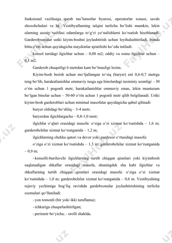 nadi. yordamchi xonalar jamoat binolarining yordamchi xonalari sirasiga quyidagilar kiradi: · xodimlar garderoblari; · xo‘jalik omborxonalari; · tozalash inventarlari saqlanadigan xonalar; · sanitariya bloklari; · dushxonalar; · ayollar uchun shaxsiy gigiyena xonalari. jamoat binolaridagi sanitariya bloklarini har bir qavatda, odamlar doim bo‘ladigan eng uzoq joylardan 75 metrdan ko‘p bo‘lmagan masofada joylashtirish lozim. rejaviy elementlarning tik yo‘nalishlari sanitariya bo‘lmalari va dushxonalarning ergonomika me’yorlari bo‘yicha talab etilgan minimal o‘lchamlarini belgilab beradilar. masalan, hojatxonaning minimal kengligi – 800-850 mm, minimal chuqurligi – 1200 mm (eshigi tashqariga ochilganida), qo‘l yuvgichli tambur-shlyuz (jamoat binosi sanitariya bo‘lmasining majburiy elementi) minimal kengligi – 850 mm. dush kabinasining kengligi – 900 mm, chuqurligi – 1650-1900 mm. ishlovchilar orasida tayanch-harakatlanish apparati yaxshi ishlamaydigan nogironlar bo‘lsa ular uchun alohida kabinalar ko‘zda tutilishi lozim. xodimlarning garderobxonalarida dushxonalar tashkil etilishi kerak. binolarda tozalash inventarini saqlash, yuvish va quritish uchun issiq va sovuq ta’minoti tizimiga ulangan va, odatda, hojatxonalarga tutash bo‘lgan xonalar ko‘zda …
