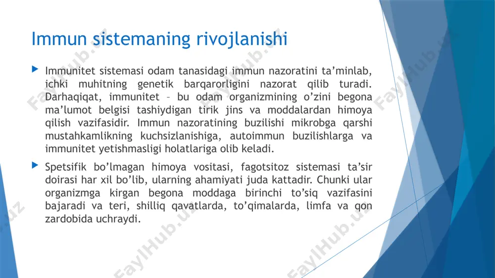 lishiga olib keladigan reaksiyalar kaskadi bo`lib, uning substrati komplimentning keyingi komponenti hisoblanadi. kalit fermentlar: sz-konvertaza va s5-konvertaza. konvertatsiyalar bo`yicha bo`linishdan so`ng hosil bo`lgan sz- va s5-fragmentlari yuqori biologik faollikka ega. aktivatsiya yo`lidan qat`iy nazar, hujayra membranasidan o`tib lizisga o`tuvchi membrana hujum qilidigan kompleks hosil bo`ladi. protein regulyatorlarini faollashtirishning kaskad mexanizmining barcha bosqichlarini nazorat qiladi. ular komplektning faol komponentlarini ingibirlaydilar va buzadilar, organizmni kerakmas ta`sirlardan himoya qiladilar. komlement komponetlari vazifalari. antigen -antitelo (komponent clq) kompleksini birikishi. s3- i s5-konvertaza fermentlarini faollashtirish. (komponentlar clr, cls, s2b, bb, d). mikroorganizmlarning sirt membranalariga bog`lash, opso­nizatsiya (komponentlar s3b, s4b). fagotsitlovchi hujayralardagi xemotaksislarni stimullash (komponentlar s5a, s3a, s4a). semiz hujayra degranulyasiyasini induksiyasi. (komponentlar s5a, s3a, s4a). suyak ko`migidan granulotsitlarni ajratish. t-hujayralarning sitotoksikligini induksiyalash. membranali hujum kompleksini shakllantirish (komponentlar c5b, s6, s7, s8, s9). qo`shimcha komponentlar va ularning qismlari uchun — cr1, cr2, cr3, cr4, clqr qabulni amalga oshirish. bolada kompleks tizimining past darajasi bilan tug`iladi (kattalardan …