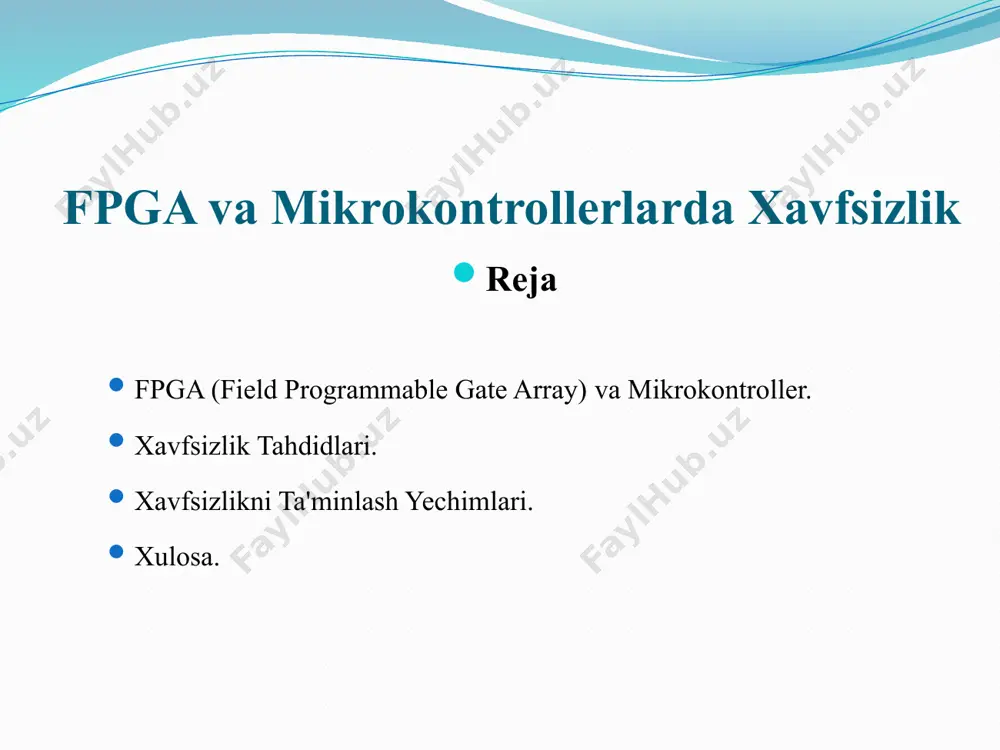 erflow) - dastur yangilanishiga soxta kod yuklash (fake firmware injection) tarmoqli hujumlar - man-in-the-middle (mitm) hujumi - denial-of-service (dos) hujumi - kirish huquqini buzish orqali boshqaruvni egallash xavfsizlikni ta'minlash yechimlari fpga xavfsizligi - shifrlangan konfiguratsiya fayllari (bitstream encryption) - autentifikatsiya mexanizmlari - jismoniy tamper aniqlash tizimlari - dynamic partial reconfiguration orqali faqat ishonchli modullarni yuklash mikrokontroller xavfsizligi - xotirani himoyalash (memory protection unit - mpu) - shifrlangan dastur va ma'lumotlar - secure boot orqali faqat raqamli imzoga ega firmware’ni ishga tushirish - tls/ssl protokollari orqali xavfsiz aloqa - ota (over-the-air) yangilanish xavfsizligini ta’minlash amaliy misol: aqlli qurilmalarda xavfsizlik aqlli uy tizimidagi sensor qurilma mikrokontroller yordamida ishlaydi. bu qurilma harorat, harakat yoki yorug‘lik kabi ma’lumotlarni tarmoqqa yuboradi. agar u tls orqali shifrlanmagan bo‘lsa, hujumchi ma’lumotlarni to‘xtatib, tizimga zarar yetkazishi mumkin. shuning uchun, xavfsiz boot, shifrlangan aloqa va autentifikatsiya zarur. 6. taqqoslovchi jadval: fpga va mikrokontroller xavfsizligi xususiyatlar fpga mikrokontroller shifrlash darajasi …