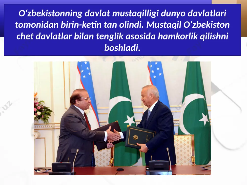 ator kompaniya va korporatsiyalari, jumladan, «jeneral motors» korporatsiyasi bilan hamkorlik qilmoqda. o‘zbekiston mintaqaviy tashkilotlar bilan ham hamkorlik qiladi. savol va topshiriqlar 1. o‘zbekiston va rossiya federatsiyasi munosabatlari o‘zbekistonning boshqa davlatlar bilan munosabatlaridan qaysi jihatlari bilan farq qiladi? 2. o‘zbekistonning osiyodagi asosiy savdo-iqtisodiy hamkorlari bo‘lgan davlatlar bilan munosabatlariga oid ma’lumotlarni qayd eting. 3. o‘zbekistonning aqsh bilan hamkorligi haqida nimalarni bilib oldingiz? 4. mustaqil davlatlar hamdo‘stligi qanday maqsadda tuzilgan? 5. shanxay hamkorlik tashkilotining asosiy vazifalari nimalardan iborat? image2.jpg image3.jpeg image4.jpeg image5.jpeg image6.jpeg image7.emf image8.jpeg image9.jpeg image10.jpeg image11.jpeg image12.jpeg image13.jpeg image14.jpeg image15.jpeg image16.jpeg image17.jpeg image18.jpeg image19.jpeg image20.jpeg image1.jpg