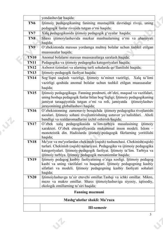 ng asosi sifatida mavzu rejasi: 1. ijtimoiy pedagogika fanlari tizimidagi o‘rni, fanning predmeti, ob’ekti, maqsadi va vazifalari. 2. o‘zbekistonda ijtimoiy pedagogikaning paydo bo‘lishi madaniy-tarixiy, ijtimoiy-xuquqiy shart-sharoitlari. 3. ijtimoiy pedagogikaning dastlabki tarixi. 4. avestoda ijtimoiylashuv jarayoning dastlabki ko‘rinishlari. 2 m2 o‘zbek xalq pedagogikasi va islom ta’limotida ijtimoiy-pedagogik g‘oyalar. mavzu rejasi: 1. o‘zbek xalq pedagogikasi va islom ta’limotida ijtimoiy-pedagogik g‘oyalar 2. sharq mutafakkirlari asarlarida shaxs ijtimoiylashuv masalalarini yoritilishi. 3.ta’lim-tarbiya jarayonidagi ijtimoiy-pedagogik dolzarb muammolar. 2 m3 ijtimoiy pedagogikaning nazariy asoslari. mavzu rejasi: 1. pedagogika va ijtimoiy pedagogika kategoriyalari. ijtimoiy-pedagogik faoliyat. 2. tarbiya va ijtimoiy tarbiya. 3. ijtimoiy pedagogika fanining tamoyillari. 4. ijtimoiylashuv omillari va vositalari. 5.ijtimoiylashuv agentlari va mexanizmlari. 2 m4 xorijda ijtimoiy pedagogikaning rivojlanish tarixi. mavzu rejasi: 1.rivojlangan mamlakatlarda ijtimoiy pedagogikaga oid ilmiy yondoshuvlar. 2.yevropa mamlakatlari ta’lim tizimida ijtimoiy pedagogikaning holati. 3.rivojlangan mamlakatlarda ijtimoiy pedagogikaning ilmiy va nazariy asoslari. 2 m5 mehribonlik uylaridagi ijtimoiy-pedagogik faoliyat. mavzu rejasi: 1.mehribonlik uylaridagi ijtimoiy-pedagogik faoliyat mazmuni. …