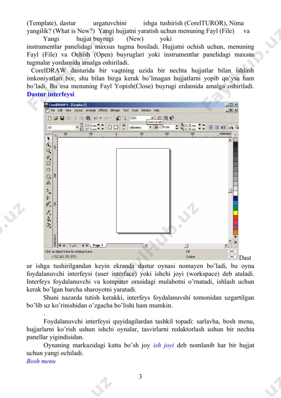 ktlar qilish va muharrirlashda foydalaniladigan buyruqlardan tashkil topgan. shu bilan birga qo’shimcha menu (context-sensitive menu)da kiritilgan bu menu vazifasi joriy bo’lgan instrumentning obyektlari haqida malumot beradi. vositalar satrlari menu satri tagida asboblar satri (toolbars) joylashgan. asboblar satrini ekranning hohlagan joyida va har xil ko’rinishda joylashtirish mumkin. ekranga kerakli oynalarni joriy qilish uchun menuning oyna (window) yordamida amalga oshiriladi va ular ustida quyidagi amallar bajariladi: asboblar (toolbars) satriga sichqonchani o’ng tononi bilan chertib muloqat oynasini paydo etamiz va parametrlar (options), rostlash dan kerakli bo’lgan asboblar tanlanadi. свойства (property bar) vositalar satri свойства (property bar) asboblar satridagi maydonlar va tugmalar yigindisi foydalanilayatgan asboblar yoki tanlangan obyektga bogliq bo’ladi, masalan, asboblar satridagi matn bloki tanlanganda matnning parametrlari ko’rsatiladi. cвойства (property bar) satridagi asboblardan birontasi tanlanmagan holda hujjatning umumiy parametrlari ko’rsatiladi, masalan, sahifa formati, unuig orientatsiyasi va h. ko’rsatadi. holat satri (status bar) ekrandagi ishchi oynaning pastgi qismida holat satri (status bar) joylashgan, bu …