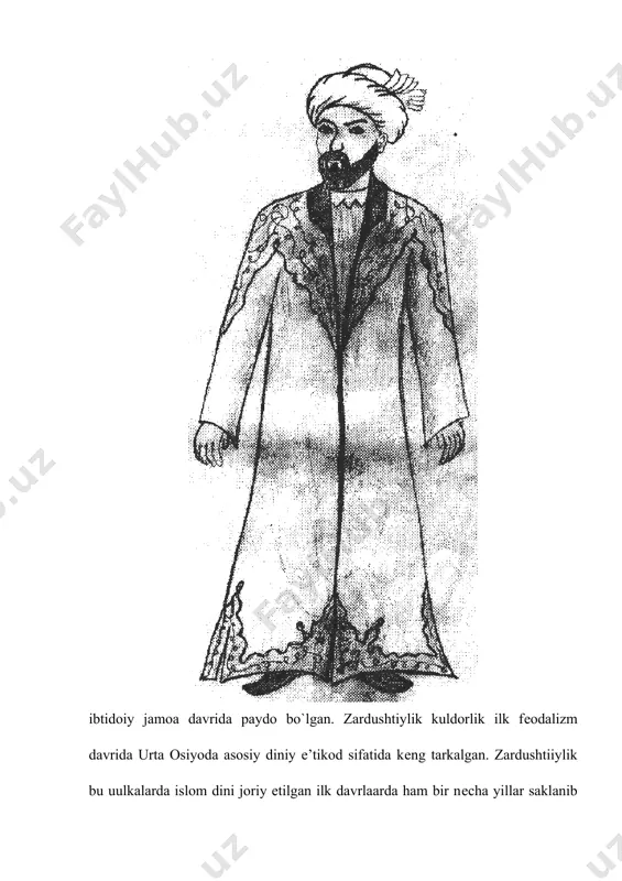n bosib olinib, u еrlardagi halqlar majburan islom diniga buysundirildi. viii asr boshlaridan e’tiboran arab boskinchilarining asosiy dikkati urta osiyo еrlariga karatildi, va bu еrlarni ishgol kildilar. urta osiyoga islom dinining yoyilishi hamda u bilan bog`liq bo`lgan diniy rasm-rusumlar, shariat va tarikat qonun-koidalarida, akidalarining tarkib topib borishi, mahalliy halq namoyandalari muayyan ijobiy rol uynadi. odamlar haar-hil hudolar, chiltonlar, mukaddas sanalgan narsalarga siginishdan holos bo`lib, yakkayu yagona olloh taologa, uning rasuli muhammad alayhissalom kursatmalariga e’tikod ila amal kiladigaan buldilar. urta osiyo gazmol markazlarida «zandanachi» kabi kuk orangli ipak va boshqa matolarning ishlab chikarilishi yopishtirma yassi, gilof kiyimlaarning paydo bo`liishiga olib kеldi. kiyimning kompozitsion markazi mato bo`lgandi. ilk urta asr kostyumida uz manbalari bor edi. kushon, eftalit, sosoniy, turk, hind, eron ta’sirlari bilan mahalliy mеros ma’lum darajada umumiy uslub yaratgandi. bu davrda estеtik idеallari badiiy uslubga mos bo`lgandi. v asr erkaklari kuchli, bakaloq, yumaloq yuzli, bodomsimon kuzli, kalta kirkilgan sochli, soqolsiz tasvirlangan. …