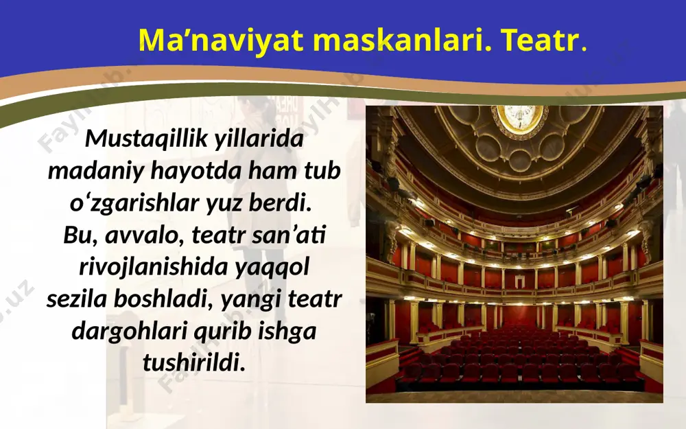 urg‘unboyeva nomidagi “o‘zbekraqs” milliy raqs birlashmasi hamda toshkent davlat milliy raqs va xoreografiya oliy maktabi tuzildi. vazirlar mahkamasining 1997-yildagi qarori bilan har ikki yilda bir marotaba samarqand shahrida “sharq taronalari” xalqaro musiqa festivali o‘tkazila boshlandi. birinchi festivalda dunyoning 31 mamlakatidan vakillar ishtirok etishdi. 1998-yili mamlakatimizda birinchi marta simfonik musiqa festivali o‘tkazildi. mazkur festivalda dunyoning 20 ga yaqin mamlakatlaridan ijrochilar ishtirok etishdi. tasviriy san’at. tasviriy san’at uchun mustaqillik keng imkoniyatlar yaratib berdi. avvalo, 1997-yilda o‘zbekistonda birinchi bor badiiy akademiya tashkil etildi. kino. mustaqillik yillarida milliy kino san’atini rivojlantirishga ham alohida etibor qaratildi. dastlabki davrdagi moliyaviy qo‘llab-quvvatlashlar 2004-yili “o‘zbekkino” milliy agentligi tashkil etilgandan keyin yangi bosqichga ko‘tarildi. badiiy adabiyot. umuman, adabiyotga e’tibor madaniyatning muhim yo‘nalishi bo‘lib qoldi. yozuvchilarni qo‘llab-quvvatlash borasida 2010-yil o‘zbekiston yozuvchilar uyushmasi huzurida “ijod” fondi tashkil etilib, 2011-yildan yosh ijodkorlarning birinchi kitoblari davlat hisobidan chop qilina boshlandi. muzey o‘zbekiston prezidentining 1998-yildagi “muzeylar faoliyatini tubdan yaxshilash va takomillashtirish to‘g‘risida”gi farmoni mamlakatimizda …