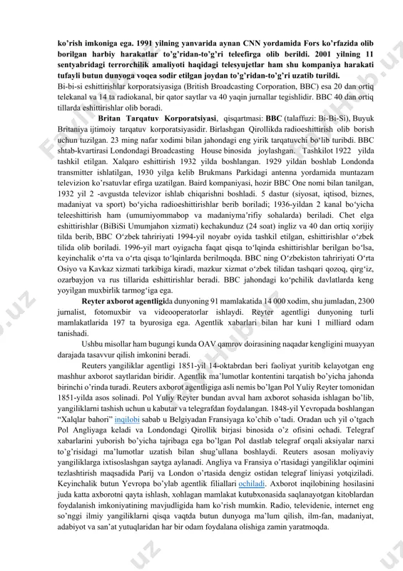 nazarda tutuvchi oldi. 1927-yil 6-mayda turkiya radiosi tarixida ilk rasmiy eshittirish amalga oshirildi. bir yil o'tgach, anqara radiosi o'z ishini boshlagan. 1960-yillardan boshlab turkiya radio eshittirishlarini texnik va konseptual jihatdan modernizatsiya qilish zarurligi ma’lum bo‘ldi. shuningdek, davlatning barcha radiostansiyalarini o‘z ichiga olgan va mamlakatda teleko‘rsatuvlar yo‘lga qo‘yadigan, o‘z shtatlari va byudjetiga ega bo‘lgan, siyosiy hokimiyatdan mustaqil yangi apparat yaratish zarurati ham yaqqol ko‘rinib turardi. trtni tashkil etish qonuni 1964-yil 1-mayda qabul qilingan. amerika ovozi —aqsh hukumatining chet ellarga radioeshittirish xizmati. faoliyatini 1942-yildan boshlagan. „amerika ovozi“ eshittirishlari qariyb 50 tilda, shu jumladan, oʻzbek tilida ham (soʻnggi xabarlar) beriladi. qabul qilib, qayta eshittirish radiostansiyalari aqshning oʻzidan tashqari buyukbritaniya, gfr, gretsiya hududida, osiyo va afrikaning bir qator mamlakatlarida joylashgan.“globallashuv” atamasi dastlab amerikalik olim t.levitt tomonidan 1983 yili «garvard biznes rev`yu» jurnalida chop qilgan maqolasida qo`llangan. t.levitt yirik transmilliy korporatsiyalar ishlab chiqaradigan turli-tuman mahsulot bozorlarining birlashuv jarayonlarini “globallashuv” deb atagan. mazkur ta`rifda globallashuv jarayonining …