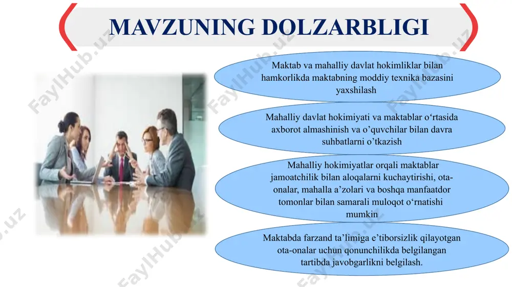 hilarni ruhan, jismonan intellektual mukammal shaxs qilib tarbiyalash va vatanparvar ruhda kamol toptirish davlatimizni yuqori pag‘onalarga olib chiqishda muhim ro‘l o‘ynaydi.. shunday ekan, maktab va mahalliy hokimiyat organlari bilan hamkorlikni yanada yuqori darajaga chiqarish kerak.hamkor tashkilotlar bilan samarali hamkorlik maktab boshqaruvi va ta’lim sifatini oshirishda katta imkoniyatlar yaratib beradi.bu hamkorlikda albatta menjer rahbarning o‘rni katta deb o‘ylayman. xulosa takliflar mahalliy hokimiyat va maktab rahbariyati o‘rtasida ta’lim sifati va infratuzilmani yaxshilash maqsadda uzoq muddatli strategik reja tuzish lozim. maktab rahbariyati va mahalliy hokimiyat birgalikda chet elning ilg‘or tajribalarini o‘rganib, bu tajribalarni maktab uchun moslashtirgan holda turli xil loyiha ishlarini amalga oshirishni yo‘lga qo‘yish kerak. mahalliy davlat hokimiyati bilan hamkorlikda o‘quvchilarni ota –onalari bilan uchrashuvlar tashkil qilib ularni kasb-hunarga yo‘naltirib ularning hozirgi kundagi zamonaviy kasblarni egallashiga yordamlashish va ish bilan bandligini ta’minlash maktabda farzand tarbiyasiga e`tiborsiz ota-onalar bilan ishlashda mahalliy davlat hokimiyati va mahalla yettiligi hamkorligida doimiy tushuntirish ishlarini olib borish va …