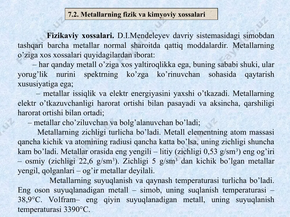 ilan intermetall birikmalar hosil qiladi. masalan litiy simob bilan lihg2, lihg3, lihg, li2hg, li3hg, magniy bilan limg2 alyuminiy bilan lial, li3al kabi intermetall birikmalar hosil qilgan. intermetal birikmalarda kimyoviy bog’lanish asosan, metall bog’lanishdan iborat bo’ladi. ular tashqi ko’rinishidan metallarga o’xshaydi. 7.3. metallarning qattiq eritmalari va intermetall birikmalari * 7 dunyo miqyosida ishlab chiqariladigan metallarning 90% ini temir va uning qotishmalari tashkil qiladi. bu qora metallar muhim fizik va mexanik xossalarga ega bo’lganligi, shuningdek, temir rudalari tabiatga keng tarqalganligi, chuyan va po’lat ishlab chiqarish esa arzon va murakkab emasligi bilan tushuntiriladi. metallar ajratib olishning pirometallurgiya, gidrometallurgiya va elektrometallurgiya singari usullari mavjud. pirometallurgiya – metallurgiyada yetakchi o’rinni egallaydi. u rudalardan metallarni yuqori temperaturalarda qaytarish reaksiyalari yordamida olish usullarini o’z ichiga oladi. qaytaruvchilar sifatida ko’mir, aktiv metallar, uglerod (ii) oksid, vodorod, metan kabi moddalardan foydalaniladi. masalan, ko’mir bilan uglerod (ii) oksid qizil mis rudasi cu2o dan misni qaytaradi: cu2o + c = 2cu …