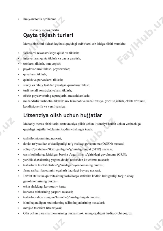 va texnologik oʻzaro taʼsiri. madaniy meros ob'ektlarini tiklash tanrif restavratsiya (arxitektura yodgorliklari, rasmlar, haykallar, dpi va boshqalar) - madaniy ahamiyatga ega ob'ektlar xavfsizligini birgalikda ta'minlaydigan ishlar majmui. bunday faoliyatning asosiy vazifasi ob'ektning barcha xarakterli xususiyatlarini saqlab qolgan holda eng aniq oldingi ko'rinishini tiklashdir. ikkita asosiy qiyinchilik mavjud: kerakli materiallarni aniq aniqlash va eng mos texnologiyani tanlash. qayta tiklash ishlari bir vaqtning o'zida dizayn va ishlab chiqarish, tadqiqot va tadqiqot bo'lishi mumkin. faoliyatlar madaniy meros ob'ektlarini qayta tiklash quyidagicha amalga oshiriladi: · saqlash. yodgorlikning ko'rinishi va holatining yomonlashishiga yo'l qo'ymaslik uchun majburiy chora. unda favqulodda ish olib borilmoqda. · ta'mirlash. ob'ektni ish holatida saqlashga harakat qiling. · qayta tiklash. madaniy ahamiyatga ega ob'ekt xavfsizligini ta'minlaydigan ishlar. · madaniy yoki tabiiy yodgorlikni zamonaviy foydalanishga moslashtirish loyihasini ishlab chiqish. tarixiy ob'ektning real reallikda ishlashi uchun barcha sharoitlar yaratilgan asarlar. quyidagilar ham ajralib turadi: · arxitektura majmualarini rekonstruksiya qilish; · tarixiy obidalarni restavratsiya qilish; …