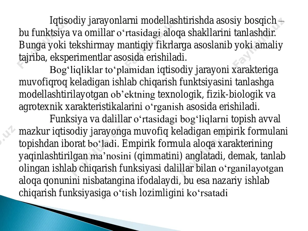 te’molchilar va ishlab chiqaruvchilarning umumiy yutuqlarini maksimallaydi bozor taklifi egri chizig‘i siniq chiziqlardan tashkil topgan bo‘lib xar bir chiniq chiziq bir ishlab chiqaruvchining taklif egri chizig‘idir. bozor taklifi egri chizig‘ini xosil qilish uchun individual taklif egri chiziqlari gorizontal bo‘yicha qo‘shiladi. ya’ni, xar bir narhda umumiy taklif xajmini aniqlash uchun individual taklifni gorizontal o‘qi bo‘yicha qo‘shiladi. bozor talabi va bozor taklifi funksiyalarining egri chiziqlari kesishgan nuqtada bozorni muvozanatga olib keluvchi talab va taklif miqdori aniqlanadi. bozorda mahsulotning bozor narhi aniqlanganidan so‘ng uning har bir ishtirokchisi o‘zlarining iste’mol qilish va ishlab chiqarish imkoniyatlarini o‘zlarining talab va taklif funksiyalari yordamida aniqlaydilar makroiqtisodiy ekonometrik modellarning turlari va ularni iqtisodiy tahlilda qo‘llanilishi makroiqtisodiy jarayonlar butun milliy iqtisodiyotning barcha tarmoqlarini qamrab oladi. makroiqtisodiy jarayonlar asosan uchta katta jarayonlarni o‘rganadi va tushuntirib beradi. bular: 1. ishsizlik. 2. inflyatsiya. 3. iqtisodiy o‘sish. ishchsizlik - bu mamlakat miqyosida faol, mehnatga yaroqli aholining ish bilan band bo‘lmasligi tushuniladi. inflyatsiya - …