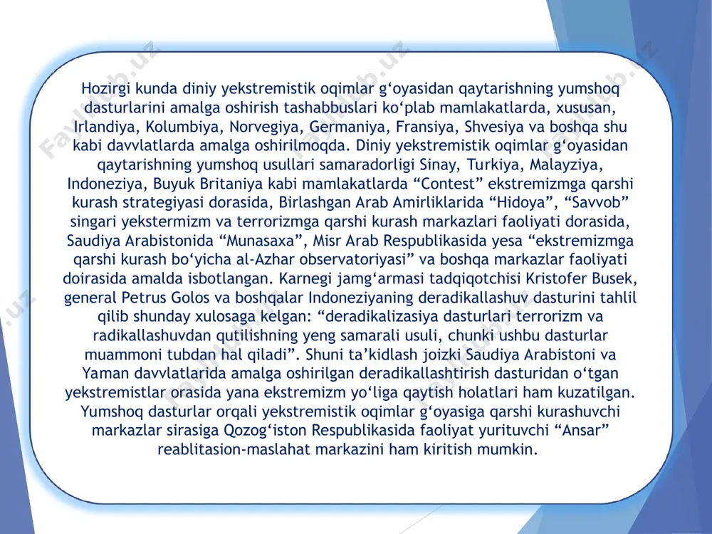 lashkari jihod” (indoneziya), “qurolli islomiy harakat” (jazoir), “boko haram” (nigeriya), “islom jihodi uyushmasi”, “o‘zbekiston islomiy harakati” tolbion (afg‘oniston, pokiston) kabi tashkilotlarni kiritish mumkin. siyosiy hokimiyatga intilayotgan, diniy shiorlarni niqob qilib olgan aqidaparast oqimlar markaziy osiyo mamlakatlari, xususan, o‘zbekistondagi ijtimoiy-siyosiy vaziyatga salbiy ta’sir o‘tkazishga harakat qilmoqda. so‘nggi yillarda “jihodchilar”, soxta “salafiylar” kabi diniy-siyosiy guruhlar, shuningdek, “xizbut tahrir” diniy-yekstremistik guruhi respublikamizda faol harakat qilishga urinmoqdalar. so‘nggi yillarda mutaassib oqimlar yoshlar ichidagi faoliyatini xorijiy mamlakatlardagi mehnat migrantlarini ta’sir doirasiga olish, “internet” orqali targ‘ibot o‘tkazish, oila a’zolari, yaqinlari va qo‘shnilarini o‘z guruhiga tortish, yashirin “hujralar” tashkil yetish, diniy-yekstremistik mazmundagi materiallarni bosma, yelektron ko‘rinishda tarqatish kabi usullarda amalga oshirmoqda. ma’lumki, o‘zbekiston qator mintaqavviy tashkilotlar doirasida qabul qilingan ekstremizm va terrorizmga qarshi kurashga qaratilgan shartnomalarni bajarishda faol qatnashib kelmoqda. terrorizmga qarshi kurash, uni bartaraf yetish masalalariga oid siyosiy-huquqiy hujjatlar bmt, mustaqil davvlatlar hamdo‘stligi, shanxay hamkorlik tashkiloti doiralarida imzolangan. hozirda o‘zbekiston bmtning terrorizmning oldini olish va unga …