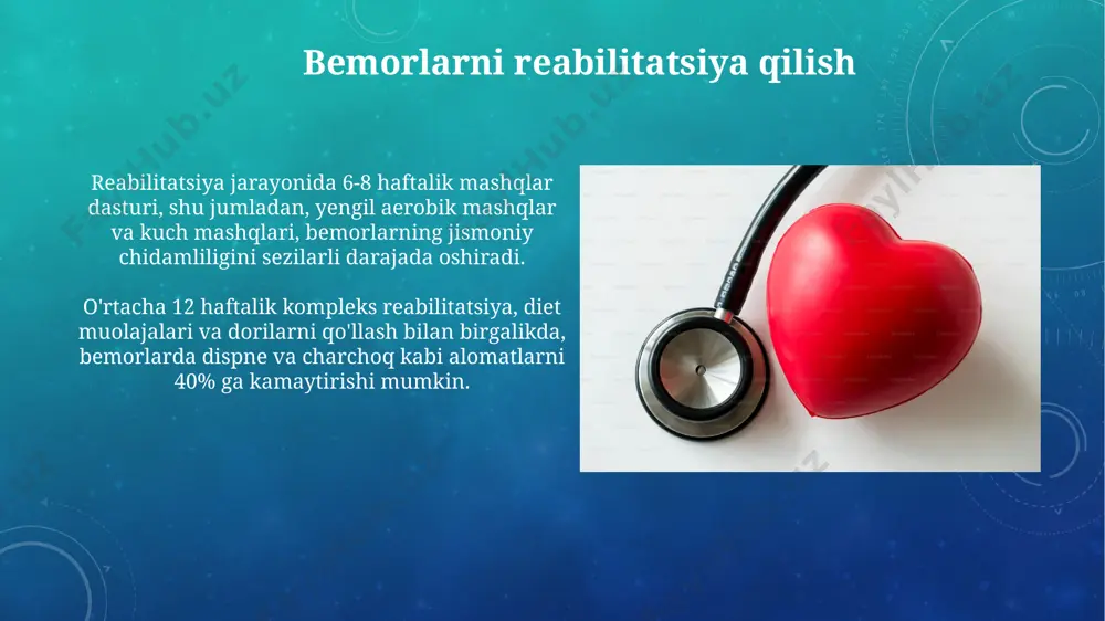 prognozi surunkali qon aylanish yetishmovchiligining prognozi bemorning yoshi, asosiy kasallikning og'irligi va davolanishga javob berishiga bog'liq bo'lib, 5 yillik o'lim darajasi 50% dan yuqori bo'lishi mumkin. qon aylanish yetishmovchiligining iii-iv funktsional sinfi, chap qorincha ejeksiyon fraksiyasi 35% dan kam bo'lgan bemorlarda o'lim xavfi sezilarli darajada yuqori bo'lib, yillik o'lim xavfi 20-30% ni tashkil etadi. reanimatsion yordam qon aylanishining surunkali yetishmovchiligi bilan ogʻrigan bemorlarda reanimatsiya yordami koʻrsatishda yurak-oʻpka apparati (yoa) dan foydalanish 30% ga oʻlimni kamaytirishi mumkin. gipovolemiya holatida reanimatsiya davomida 1 litrgacha kristalloid eritmalar yuborish, qon bosimini 90/60 mm sim.ust. gacha koʻtarishga yordam beradi. asoratlar qon aylanishining surunkali yetishmovchiligining asosiy asoratlaridan biri oʻpka shishi boʻlib, bu holat nafas olish qiyinlishuviga va hatto oʻlimga olib kelishi mumkin. surunkali qon aylanish yetishmovchiligi bilan ogʻrigan bemorlarda asoratlarning 30% dan ortigʻi yurak yetishmovchiligi bilan bogʻliq boʻlib, oʻlim xavfini 2-3 baravar oshiradi. surunkali qon aylanishining yetishmasligi tushunchasi bu holat ko'pincha chap qorincha ejeksiyon fraksiyasi (lvef) …