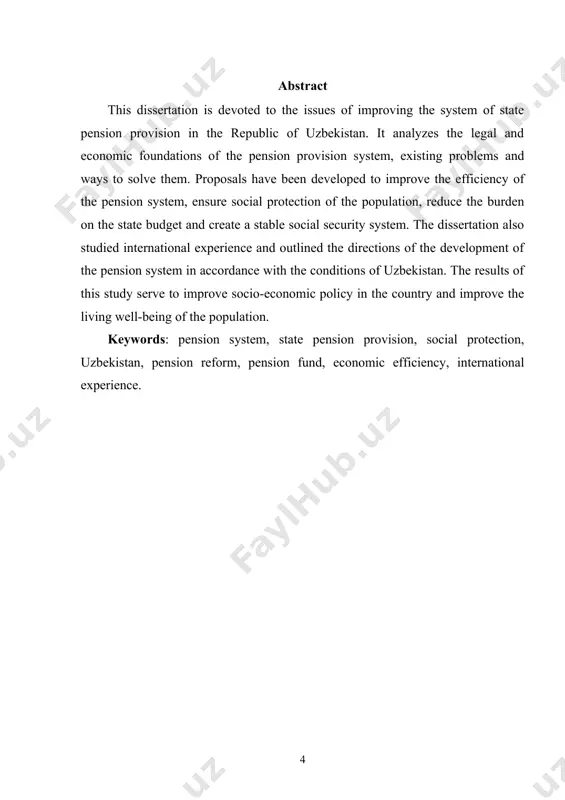 sh va turmush darajasini yaxshilash bo‘yicha davlat tomonidan qator islohotlar amalga oshirildi. shunga qaramay, pensiya tizimining moliyaviy barqarorligini ta’minlash, pensiya fondining manbalarini kengaytirish va pensiya yoshidagi aholiga yetarli ta'minot berish kabi masalalar hali ham dolzarb bo‘lib qolmoqda. ushbu vaziyatni inobatga olgan holda, davlat pensiya tizimini isloh qilish zarurati paydo bo‘ldi. xalqaro tajriba shuni ko‘rsatadiki, pensiya tizimining barqarorligi va samaradorligini ta’minlash uchun yangi mexanizmlarni joriy etish, islohotlarni amalga oshirish va moliyaviy manbalarni diversifikatsiya qilish muhim ahamiyatga ega. pensiya tizimini takomillashtirish faqat ijtimoiy himoyani kuchaytirish uchun emas, balki davlat byudjetiga tushayotgan yukni kamaytirish va pensiya fondining moliyaviy barqarorligini ta’minlash uchun ham zarurdir. shu sababli, pensiya tizimi islohoti nafaqat aholi turmush darajasini yaxshilash, balki mamlakat iqtisodiy rivojlanishiga ham ijobiy ta’sir ko‘rsatadi. dissertatsiyada ushbu masalalar chuqur tahlil qilinib, xalqaro tajriba o‘rganilgan holda, oʻzbekistonda pensiya tizimini yanada takomillashtirish bo‘yicha amaliy tavsiyalar ishlab chiqiladi. tadqiqot natijalari aholining ijtimoiy-iqtisodiy himoyasini kuchaytirish va barqaror pensiya tizimini yaratish yo‘nalishida …