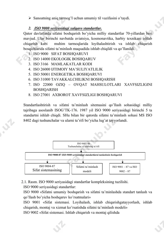 · kompaniya taraqqiyotiga sababchi bo’ladi. · sanoatning aniq tarmog’i uchun umumiy til vazifasini o’taydi. 2. iso 9000 seriyasidagi xalqaro standartlar. qator davlatlarda sifatni boshqarish bo’yicha milliy standartlar 70-yillardan beri mavjud. ular birinchi navbatda aviatsiya, kosmonavtika, harbiy texnikani ishlab chiqarish kabi muhim tarmoqlarida loyihalashtirish va ishlab chiqarish bosqichlarida sifatni ta’minlash maqsadida ishlab chiqildi va qo’llanildi. 1. iso 9000 sifat boshqaruvi 2. iso 14000 ekologik boshqaruv 3. iso 3166 mamlakatlar kodi 4. iso 26000 ijtimoiy ma’suliyatlilik 5. iso 50001 energetika boshqaruvi 6. iso 31000 tavakkalchilikni boshqarish 7. iso 22000 oziq – ovqat mahsulotlari xavfsizligini boshqarish 8. iso 27001 axborot xavfsizligi boshqaruvi standartlashtirish va sifatni ta’minlash sitemasini qo’llash sohasidagi milliy tajribaga asoslanib isog’tk-176. 1987 yil iso 9000 seriyasidagi birinchi 5 ta standartni ishlab chiqdi. shu bilan bir qatorda sifatni ta’minlash sohasi ms iso 8402 dagi tushunchalar va ularni ta’rifi bo’yicha lug’at tayyorlandi. iso 8402-86 tushunchalar va ularning ta’rifi iso 9000-87 iso-9000 seriyasidagi standartlarni …