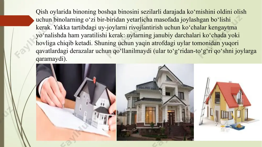 ssiqlik yo‘qotishlarni kamaytirish; issiqlik tarmoqlarining gidravlik rejimlarini optimallashtirish; zamonaviy issiqlik izolyatsiyalash materiallaridan foydalanish; issiqlik tarmoqlarini tashqi qismini o‘rnatish uchun alukabond qoplamalardan foydalanish; tizimdagi suvning quvurlardan chiqarib yuborilishi va ruxsat yetilmagan oqimini kamayishi. iste’molchilardan: tashqi qoplama tuzilmalari orqali issiqlik yo‘qotishlarini kamaytirish; ikkinchi darajali yenergiya manbalaridan foydalanish; yo‘nalishlarni yo‘qotish uchun issiqlik asbob-uskunalarini mahalliy tartibga solishdan foydalanish; issiqlik uchun issiqlik iste’mol qilinadigan binolarni ko‘chirish. shu bilan birga, binoda havo parametrlarini saqlash ichki issiqlik chiqarish va yuqori issiqlik izolyatsiyasi parametrlari tufayli yuz berishi kerak; issiqlik yenergiyasini hisobga oluvchi qurilmalardan foydalanish; ish soatlari mobaynida bino ichidagi havo haroratini kamaytirish. suvni tejash suv sarfini hisoblagichlarni o‘rnatish; faqat suvdan foydalanish, albatta, kerak bo‘lganda; suvni to‘kib tashlashning intensivligini tanlab olgan drenaj sochiqlarini o‘rnatish; avtomatik suv oqimi regulyatorlarini o‘rnatish, kran uchun 6 l / min regulyatorli aeratorlar va dush uchun 10 l / min regulyatorlar yomg‘ir suvlarini yig‘ish va ulardan foydalanish gazni tejash gaz nasoslari va nasosning optimal quvvatini …