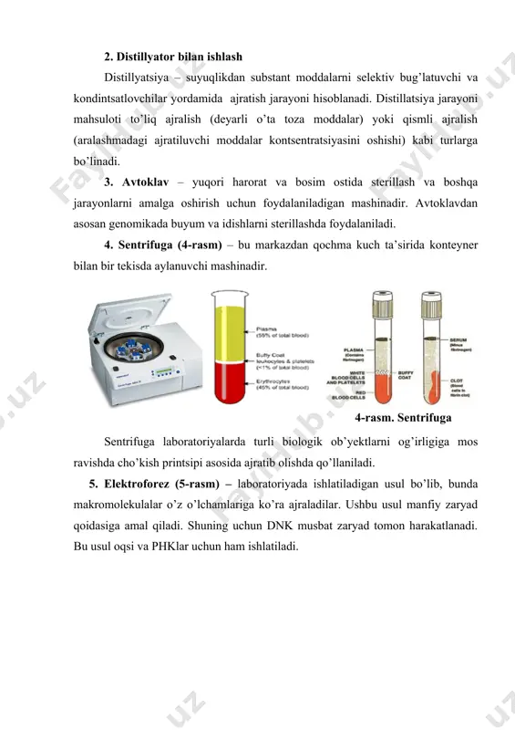 a mos ravishda cho’kish printsipi asosida ajratib olishda qo’llaniladi. 5. elektroforez (5-rasm) – laboratoriyada ishlatiladigan usul bo’lib, bunda makromolekulalar o’z o’lchamlariga ko’ra ajraladilar. ushbu usul manfiy zaryad qoidasiga amal qiladi. shuning uchun dnk musbat zaryad tomon harakatlanadi. bu usul oqsi va phklar uchun ham ishlatiladi. a b c d 5-rasm. a-tok manbaiga ulangan elektroforez kamerasi, b- elektroforez uchun agaroza gelini tayyorlash, c-agaroza gelidagi chiziqlar, d- agaroza gelidagi chuqurchalarga dnk namunalarini joylashtirish 6. vorteks vorteks mikser yoki vortekser (6-rasm) laboratoriyada kichik idishlar (probirkalar) dagi suyuqliklarni aralashtirish uchun ishlatiladigan qurilmadir. uning markazida elektr motor vertikal joylashgan. kichik asosiga rezina parchasi yopishtirilgan. motor ishlaganda rezina sirkulsimon harakatlanadi. 6-rasm. vorteks yoki mikser 7. vakuum kontsentratori vakuum kontsentrator (7-rasm) maxsus jihozlangan, probirkadagi suyuqlikni vakuum yordamida so’rib olishga ixtisolashgan qurilma bo’lib, molekulyar biologiyada asosan nuklein kislotlar (dnk va phk) ni ajratishning oxirgi jarayonida ularni quritishda ishlatiladi. 7-rasm. vakuum kontsentratori 8. spektrofotometr sektrofotometr (8-9-rasm) to’lqin uzunligi asosida …