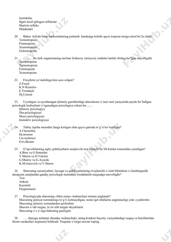 ishi o’sishi bilimlarni o’zlashtirganlik darajasini aniqlashda qanday psixologik metoddan foydalanish maqsadga muvofiqdir? test anketa kuzatish eksperement 27. psixologiyada shaxsning «men emas» tushunchasi nimani anglatadi? shaxsning jamiyat normalariga to’g’ri kelmaydigan, noma’qul sifatlarini anglamasligi yoki «yashirish» shaxsning ijtimoiy normalardan qochishini shaxsni o’rab turgan, ta’sir etib turgan obyektlarni shaxsning o’z o’ziga bahoning pastligini 28. … shaxsga nisbatan shunday tushunchaki, uning konkret hayotiy vaziyatlardagi xuquq va burchlaridan iborat xarakatlari majmuini bildiradi. nuqtalar o’rniga mosini toping. rollar ijtimoiy norma ijtimoiy sanksiya adekvatlik 29. mnemotexnika usuli bu.. xotirani rivojlantirish va mustahkamlash usuli diqqat hajmini o’lchash aqliy tafakkurni aniqlash idrok fenomenlaridan biri 30. ongsizlik nazariyasi asoschisi.. z.freyd e.torndayk d.uotson g.leybnis 31. proprioreseptiv sezgilar qaysi organlarda joylashgan? mushaklar va paylarda terining yuza qismida o’pka, jigan, yurak, qizilo’ngach ko’rish organida 32. psixogerontologiya nimani o’rganadi? keksalik davrining psixologik xususiyatlarini o’smirlik yosh davrining psixologik xususiyatlarini yoshlik davrining psixologik xususiyatlarini yetuklik davrining psixologik xususiyatlarini 33. sosiometriya metodi nima? sosiometriya guruhda shaxslarning statusini, …