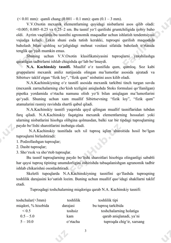 mlakatlarda ham tuproqlar ularning mexanik tarkibiga ko‘ra tasnifi mavjud, bu tasniflar unchalik tabaqalashmagan. tuproq mexanik tarkibini tinch turgan suvda aniqlash 2 ta guruhchaga bo‘linadi: birinchi guruhga tayyorlangan suspenziyadan ma’lum katta kichiklikdagi zarrachalarni butunligicha (xammasini) ajratib olish, ikkinchi guruxchaga tayyorlangan suspenziyadan o‘rtacha namuna olish yo‘li bilan xar hil kattalikdagi mexanik zarrachalar miqdorini topishdir. tayyorlangan suspenziyaning ma’lum qismini boshqa idishga o‘tkazib o‘rtacha namuna olinadi. suspenziyaning zichligini aniqlash bo‘yicha ko‘pchilik mualliflar hilma hil ko‘rsatkichlarga ega bo‘lsada, tinch turgan suvda analiz o‘tkazadigan vaqtda quyidagilarga e’tibor berish lozim: 1) har hil kattalikdagi mexanik elementlarning suvdagi erkin xarakatdagi yo‘li – n sm da. 2) shu mexanik elementlarning suvda cho‘kish tezligi – v -1mm/sek da: 3) suspenziyani boshqa idishga o‘tkazish yoki undan o‘rtacha namuna olish vaqti – t min. da. bu ko‘rsatkichlar o‘zaro quydagi bog‘liqlikda bo‘ladi: tinch turgan suvda analiz o‘tkazish uchun tuproq maxsus yo‘llar (qaynatish orqali, ma’lum dispergatorlar yordamida va h.k.) bilan analizga tayyorlanadi va aniq …