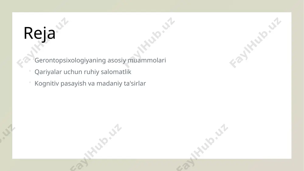 izolyatsiya va muammolarni keltirib chiqarishi mumkin. bu esa o'z navbatida psixologik muammolarni kuchaytiradi. oldini olish usullari kognitiv pasayishni oldini olish uchun muntazam jismoniy faollik, o‘qish va ijtimoiy aloqalar qilish muhimdir. bu, qariyalar uchun ruhiy salomatlikni saqlashga yordam beradi. qariyalar uchun ruhiy salomatlik: asosiy muammolar va ularni hal etish yo'llari. 1 ruhiy salomatlik muammolari - qariyalar uchun ruhiy salomatlik muammolari orasida depressiya, tashvish va ijtimoiy izolyatsiya kabi holatlar mavjud. ushbu muammolar qariyalarning hayot sifatini pasaytiradi. 2 davolash yondashuvlari - qariyalar uchun ruhiy salomatlikni yaxshilashda psixoterapiya, dorilar va guruh terapiyasi kabi usullar samarali bo'lishi mumkin. har bir bemor uchun individual yondashuv talab etiladi. 3 ijtimoiy qo‘llab-quvvatlash - qariyalar uchun ijtimoiy qo‘llab-quvvatlash tizimlari, masalan, mahalliy jamoalar va oilalar, ruhiy salomatlikni yaxshilashda muhim rol o'ynaydi. bu qo'llab-quvvatlash qariyalarni ijtimoiy hayotga jalb etadi. o'zbekistondagi qariyalar uchun ruhiy salomatlikni qo'llab-quvvatlash tizimlari. 1 ruhiy salomatlik markazlari o'zbekistonda qariyalar uchun ruhiy salomatlik markazlari mavjud bo'lib, ular psixologik yordam …
