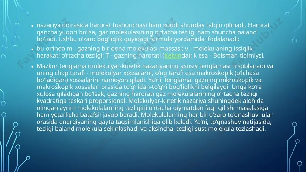 ish qonunini kashf etilishi molekulyar-kinetik nazariyaning yanada rivojlanishiga olib keladi. 1856 yilda krenigning “gazlar nazariyasi asoslari” kitobi bosilib chiqdi. 1857 yilda klazius (1822-1888) o`z risolasida gazlar kinetik nazariyasining ko`p masalalarini yechilishini va bu nazariyaning asosiy tenglamasini kelib chiqishini ko`rsatib berdi. 1860 yilda maksvellning “gazlar dinamik nazariyasini tushuntirish” deb nomlangan klassik ishi bosilib chiqdi molekulyar fizika va termodinamika jismlardagi mikroskopik jarayonlarni ya’ni jismlar tarkibidagi ko`p miqdordagi atomlar va molekulalar bilan bog`liq bo`lgan hodisalarni o`rganadi. bu jarayonlarni o`rganishda turli sifatli, lekin bir-birini o`zaro to`ldiradigan ikki usul qo`llaniladi. molekulyar fizika va termodinamika jismlardagi mikroskopik jarayonlarni ya’ni jismlar tarkibidagi ko`p miqdordagi atomlar va molekulalar bilan bog`liq bo`lgan hodisalarni o`rganadi. bu jarayonlarni o`rganishda turli sifatli, lekin bir-birini o`zaro to`ldiradigan ikki usul qo`llaniladi. 1. statistik (molekulyar-kinetik) usul. 2. тermodinamik usul. modda tuzilishini va uni xossalarini molekulyar-kinetik tasavvurlar asosida, ya’ni molekulalar hamma vaqt betartib harakat holatida bo`lishlari va molekulalar orasida o`zaro ta’sir kuchlari mavjudligi asosida tushuntiruvchi fizikaning …