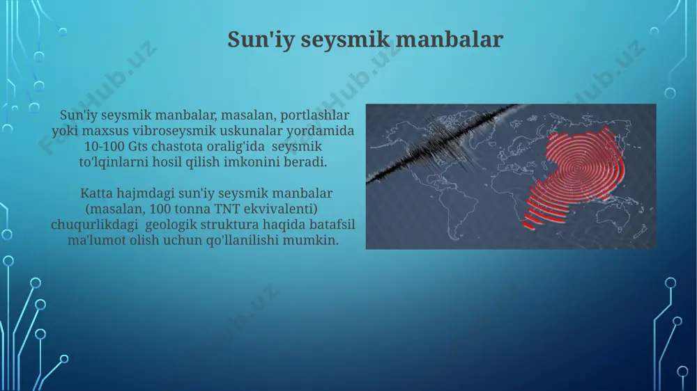 qattiq jismlar orqali tarqaladi, suyuq va gazsimon muhitlarda esa tarqalmaydi, chunki bu to'lqinlar kesishma siljishlarni hosil qiladi. yer qobig'ining tuzilishini o'rganishda seysmik to'lqinlarning ahamiyati p to'lqinlari va s to'lqinlarining tezliklari va yutilish darajalarining o'zgarishi orqali, yer qobig'ining mineral tarkibi va zichligi haqida ma'lumot olish mumkin. seysmik tomografiya usuli yordamida 3d seysmik model yaratish orqali, yer qobig'ining heterogen tuzilishi va murakkab tektonik jarayonlarini batafsil o'rganish imkoniyati mavjud. p va s to'lqinlari o'rtasidagi farqlar p to'lqinlari s to'lqinlariga nisbatan taxminan 1,7 marta tezroq tarqaladi, bu ularning zilziladan keyin birinchi bo'lib detektorlarga yetishiga olib keladi. p to'lqinlari bosim to'lqinlari bo'lib, ularning tarqalish yo'nalishi bo'yicha zarracha siljishi sodir bo'ladi, s to'lqinlari esa ko'ndalang to'lqinlar bo'lib, ularning tarqalish yo'nalishiga perpendikulyar zarracha siljishi kuzatiladi. e'tiboringiz uchun rahmat @taqdimot_robot image3.jpg image4.jpg image5.jpg image6.jpg image7.jpg image8.jpg image9.jpg image10.jpg image11.jpg image12.jpg image13.jpg image14.jpg image15.jpg image16.jpg image17.jpg image18.jpg image19.jpg image2.png