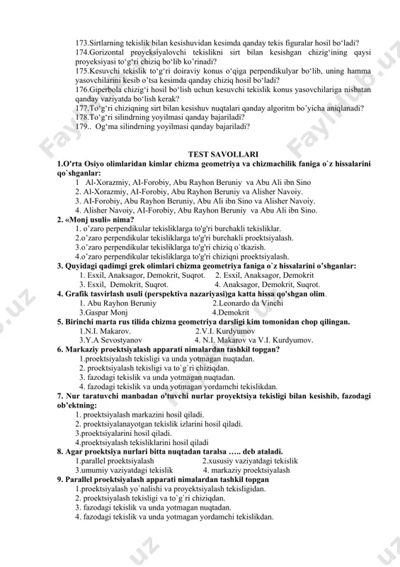 o‘pyoqlik deb nimaga aytiladi? 105.piramida deb nimaga aytiladi? 106.muntazam piramida deganda nimani tushunasiz va u qanday nomlanadi? 107.qanday ko‘pyoqlikka prizma deyladi? 108.qanday platon jismlarni bilasiz? 109.eyler teoremasining mazmuni nimadan iborat? 110.“apximed jismlar” qanday hosil bo‘ladi? 111.ko‘pyoqliklarning yeylmalarini bajarishning qanday usullari mavjud? 112piramidaning yeylmasi qanday bajariladi? 113.prizmaning normal kesimi nima va undan qanday maqsadda foydalaniladi? 114.piramida qirralarining uchrashgan nuqtasi qanday tanlanadi? 115.qirrali sirtlarning yoqlari o’zaro kesishib, uning qanday elementini hosil qiladi? 116.qanday sirtga prizmatoid deyiladi? 117.to‘g‘ri chiziqning ko‘pyoqlik bilan kesishgan nuqtalari qanday aniqlanadi? 118.ko‘pyoqlik bilan tekislik kesishgan kesimda nima hosil bo‘ladi? 119.ko‘pyoqlikning proyeksiyalovchi tekislik bilan kesishgan chizig‘i qanday aniqlanadi? 120.to‘g‘ri chiziq bilan ko‘pyoqlikning o’zaro vaziyati qanday aniqlanadi va ularning vaziyatini qanday guruhlash mumkin? 121.ikki ko‘pyoqlikning o’zaro kesishishidan qanday chiziq hosil bo‘ladi? 122.o’zaro kesishuvchi ikki ko‘pyoqlikning kesishgan chizig‘ini aniqlash algaritmi qanday? 123.ko‘pyoqliklarning turmush va texnikada o‘rni haqida nimalarni bilasiz? 124.egri chiziqqa qanday umumiy ta’rif berish mumkin? 125.nima uchun egri chiziqlar fazoviy va …