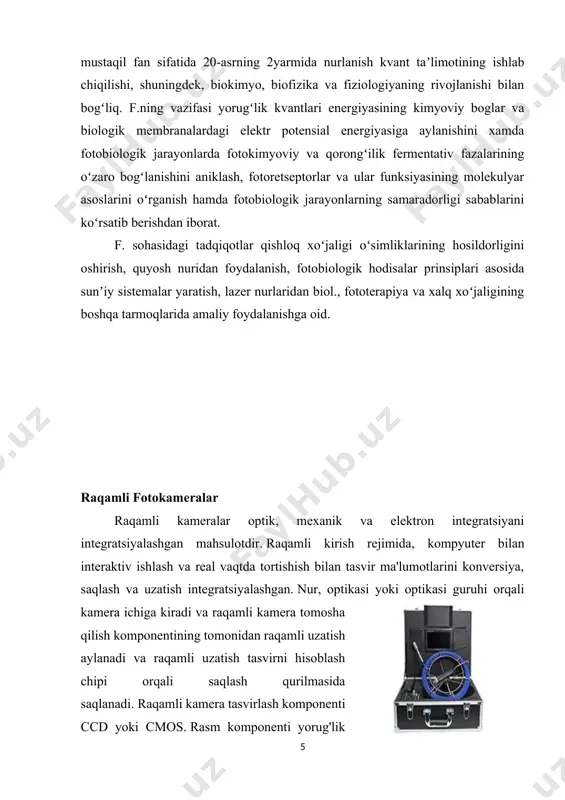 abablarini koʻrsatib berishdan iborat. f. sohasidagi tadqiqotlar qishloq xoʻjaligi oʻsimliklarining hosildorligini oshirish, quyosh nuridan foydalanish, fotobiologik hodisalar prinsiplari asosida sunʼiy sistemalar yaratish, lazer nurlaridan biol., fototerapiya va xalq xoʻjaligining boshqa tarmoqlarida amaliy foydalanishga oid. raqamli fotokameralar raqamli kameralar optik, mexanik va elektron integratsiyani integratsiyalashgan mahsulotdir. raqamli kirish rejimida, kompyuter bilan interaktiv ishlash va real vaqtda tortishish bilan tasvir ma'lumotlarini konversiya, saqlash va uzatish integratsiyalashgan. nur, optikasi yoki optikasi guruhi orqali kamera ichiga kiradi va raqamli kamera tomosha qilish komponentining tomonidan raqamli uzatish aylanadi va raqamli uzatish tasvirni hisoblash chipi orqali saqlash qurilmasida saqlanadi. raqamli kamera tasvirlash komponenti ccd yoki cmos. rasm komponenti yorug'lik vaqtida yorug'likka qarab elektr signaliga aylanishi mumkinligi bilan ajralib turadi. raqamli kameralar avval amerika qo'shma shtatlarida paydo bo'ldi. 20 yildan ziyod vaqtdan beri qo'shma shtatlar uni sun'iy yo'ldosh orqali fotosuratlarga joylashtirish uchun ishlatgan. keyinchalik raqamli suratkashlik fuqarolikka aylantirildi va dasturni kengaytirishni davom ettirdi. maqsadlar bo'yicha bo'linadi: slr …