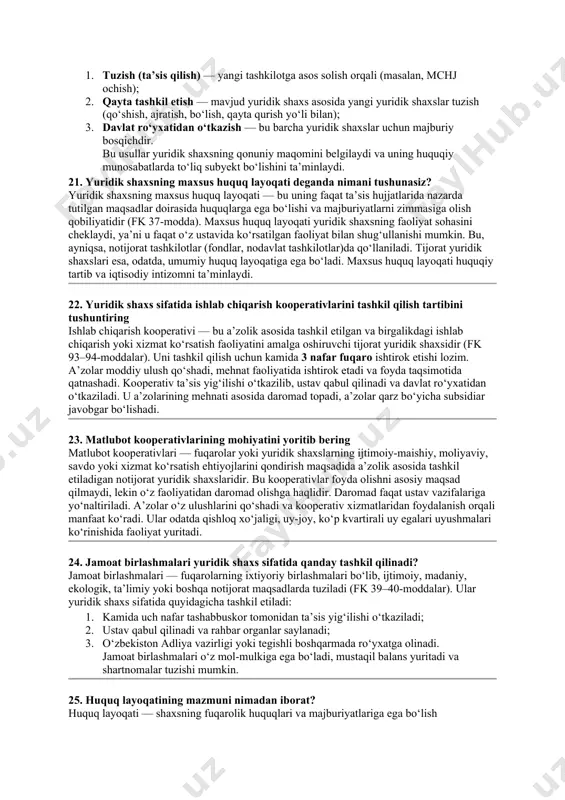 ishonchli vakil vakolatni rad etganda; 4. ishonchnoma beruvchi yoki vakil vafot etganida; 5. ishonchnoma beruvchi yuridik shaxs tugatilganda; 6. ishonchli vakil yuridik shaxs bo‘lsa va u tugatilsa; 7. fuqarolar muomalaga layoqatsiz deb topilganda. ushbu holatlar yuzaga kelganda, ishonchnoma avtomatik ravishda o‘z kuchini yo‘qotadi va uning asosida hech qanday huquqiy harakat amalga oshirilmaydi. 14. kimlar qonuniy vakil hisoblanadilar? qonuniy vakillar — bu qonunga asosan boshqa shaxs nomidan huquqiy harakatlar bajaradigan shaxslardir. fkning 163–164-moddalariga muvofiq, ular quyidagilar: 1. ota-onalar – voyaga yetmagan farzandlari uchun; 2. vasiylar va homiylar – muomalaga layoqatsiz yoki cheklangan fuqarolar uchun; 3. qonun asosida tayinlangan vakillar – muayyan shaxslar uchun tayinlangan shaxslar (masalan, nogironlar uchun homiy). ular boshqa shaxs nomidan shartnoma tuzish, mol-mulkni boshqarish, da’vo qilish kabi harakatlarni amalga oshirishi mumkin. ularning vakolatlari qonun bilan belgilanadi, ishonchnoma talab etilmaydi. 15. muddatlarni maqsadiga ko‘ra qanday turlarga ajratish mumkin? fuqarolik huquqida muddatlar maqsadiga ko‘ra quyidagilarga ajratiladi: 1. huquqni amalga oshirish …