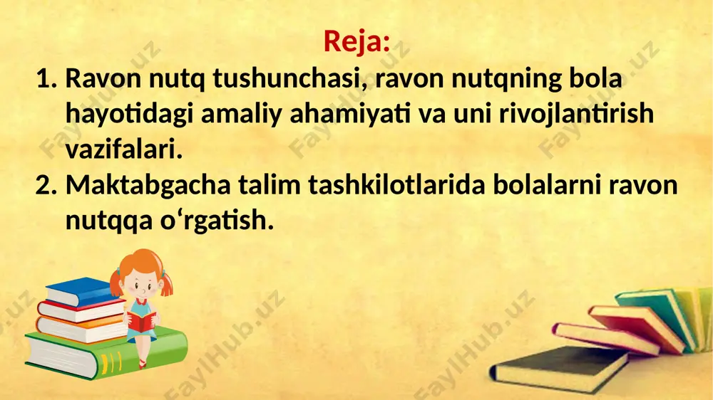 ifat, fe’l) o‘rgatish orqali nutqni izchil qilish. 3. talaffuzni yaxshilash: har bir tovushni aniq talaffuz qilishni o‘rgatish uchun artikulyatsiya mashqlarini qo‘llash. nutqdagi tovush buzilishlarini bartaraf etish. 4. mantiqiy izchillikni shakllantirish: bolalarga fikrlarini ketma-ket va mantiqiy tarzda ifoda qilishni o‘rgatish. hikoya qilish va dialoglarda izchillikka e’tibor qaratish. 5. ijodiy faoliyatni rag‘batlantirish: bolalarda hikoya tuzish, ertak aytish va rolli o‘yinlar orqali ijodiy nutqni rivojlantirish. bolalarning o‘zidan yangi gaplar yoki voqealar kashf qilishga rag‘batlantirish. 6. ertak va hikoyalardan foydalanish: bolalarga ertak va hikoyalarni eshittirish orqali lug‘at boyligini oshirish va ifodali nutqni shakllantirish. ertak qahramonlari haqida suhbatlar o‘tkazib, bolalarni mustaqil fikrlashga undash. 7. o‘yin texnologiyalarini qo‘llash: didaktik o‘yinlar va rolli mashg‘ulotlar orqali bolalarda nutq faoliyatini rag‘batlantirish. ravon nutqni shakllantirish maktabgacha yoshdagi bolalar rivojlanishining muhim jihati bo‘lib, ular hayoti va ta’limdagi muvaffaqiyatlari uchun zarurdir. shu sababli, bu borada tizimli va izchil yondashuv zarur. maktabgacha talim tashkilotlarida bolalarni ravon nutqqa o‘rgatish мaktabgacha ta'lim tashkilotlarida bolalarni ravon …