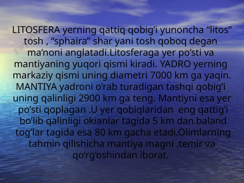 a hudud tagida bosim pasayib chuqurdagi moddalar suyuqlashib qaynoq jinsga aylanadi.uni magma deb deb ataladi. u yer yoriqlaridan yuqoriga ko’tariladi va yer yuzida oqib chiqadi. yer yuziga oqib chiqqan qaynoq suyuq modda lava deyiladi.lava asta sovib tepalik va tog’larni hosil qiladi. bunday tepa va tog’lar vulqonlar deb ataladi.vulqonlar otilganda yer qimirlaydi portlashlar ro’ beradi gumbirlagan ovozlar eshitiladi. ko’pchilikga yahshi ayyonki hozirgi davrda turli tuman sanoat korxonalari energetika tarmog’i va boshqa sohalarni xomashyo bilan taminlash maqsadida litosfera qaridan tabbiy gaz ,neft,ko’mir va boshqa har him madanli va madansiz minirallar qazib olinmoqda xuddi shuningdek yer osti suvlaridan ham jadal suratlarda foydalanilmoqda natijada nafaqat tabiiy manbalar zahiralarining kamayish hatto litosfera qatlamlari tarkibida har xil ko’rinish va hajmda bo’shliqlar paydo bo’lishi bilan yer qatlamlarining siljishi kuzatilmoqda. tuproq-quruqlikning yuqori qismi bo’lib,o’simliklar,hayvonlar, mikroarganizimlar va iqlim tasirida “ona” tog’ jinslaridan hosil bo’lgan.u biosferaning boshqa qisimlari bilan uzviy bog’langan muhim va murakkab tarkibiy qismi.tuproqda quyidagi asosiy komponentlar o’zaro …