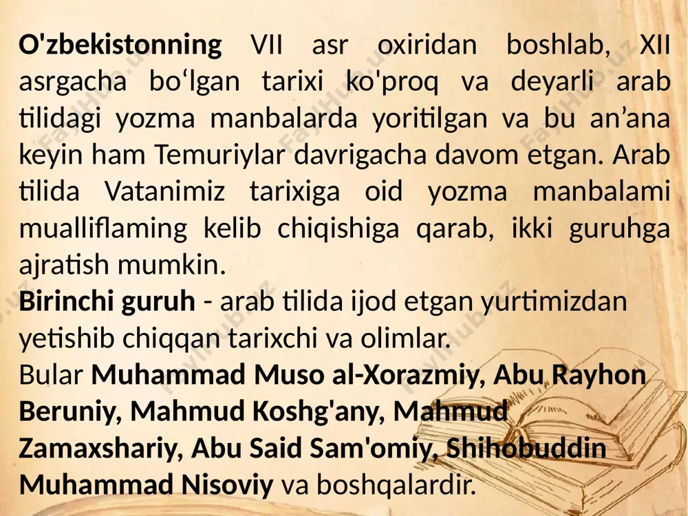 tirlab yozganlaridan birida: “men yunonistondan kelib qolgan bir olimdan turli o‘simliklarning yunonchada qanday atalishini so‘rardim. bilganlarimni yondaftarchamga batafsil yozib borar va yodlab olardim”, deydi. olimlarning eng so‘nggi hisobiga ko‘ra, beruniy asarlaridan 70 tasi astronomiyaga, 20 tasi matematikaga, 12 tasi geografiya va geodeziyaga, 4 tasi kartografiyaga, 3 tasi iqlimga, 3 tasi mineralogiyaga, 4 tasi falsafaga, 1 tasi fizikaga, 2 tasi dorishunoslikka, 15 tasi tarix va etnografiyaga, 28 tasi adabiyotga oiddir. 928-1042-yillarda xorazm va kaspiy dengizi atrofidagi viloyatlarga hukmronlik qilgan ziyoriylar sulolasi vakili qobus ibn vashmgir beruniyga vazirlik lavozimini taklif qiladi. ammo u ushbu taklifni rad etib, ilm bilan shug‘ullanishni afzal topadi. shundan so‘ng 1000-yilda beruniy “shamsul maoliy” (“oliy martabalar quyoshi”) unvoni bilan tanilgan hukmdor qobus ibn vashmgirga bag‘ishlab, jahon fani tarixida qimmatbaho manba hisoblangan “osorul boqiya anil qurunil xoliya” (“qadimgi xalqlardan qolgan yodgorliklar”) asarini yozadi. asar 1000-yili juijon shahrida yozib tamomlangan. unda qadimgi o’rta osiyo, yunon, eron, hind, nasroniy, yahudiy va …