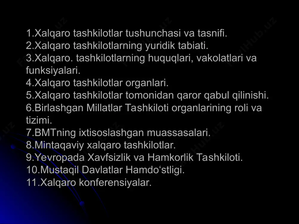 o huquqning asosiy subyektlari hisoblanuvchi, davlatlar bilan tenglashtirilishi degan ma’noni anglatmaydi. o‘z vazifalarini bajarishlari uchun xalqaro tashkilotlar kerakli yuridik vositalarga ega bo‘lishlari kerak. shu urinda bmt ustavining 104-moddasida: «birlashgan millatlar tashkiloti har bir a’zo davlat hududida o‘z vazifalarini amalga oshirish va maqsadlariga erishish uchun kerak bo‘ladigan vakolatlardan foydalanadi», — deyiladi. xalqaro tashkilotlarning huquqlari, vakolatlari va funksiyalari ko‘pchilik xalqaro huquq bo‘yicha yuristlarning fikricha xalqaro tashkilotning vakolatlari uning faoliyat sohasi predmetidan kelib chikadi va uning organlari huquq va vakolatlarida namoyon bo‘ladi. xalqaro tashkilotning huquqlari doirasi unga bevosita berilgan vakolatlarni ham kamrab oladi. xalqaro tashkilotning funksiyalari xususida ran ketganda, tartibga soluvchi, nazoratchilik, operativ va boshqa funksiyalar tushuniladi. bu ma’noda xalqaro tashkilot faqat o‘z vakolatlaridan kelib chiquvchi vazifalarni bajaradi. xalqaro tashkilotning huquqlari uning huquq subyektligi kabi shartnomaviy asosga ega bo‘ladi va shu shartnoma doirasida chegaralanadi. xalqaro tashkilot organlari xalqaro tashkilot organlari uning tarkibiy kismlari va bo‘linmalaridir. xalqaro tashkilot organlarining xususiyatlari quyidagilarda namoyon bo‘ladi: birinchidan, …
