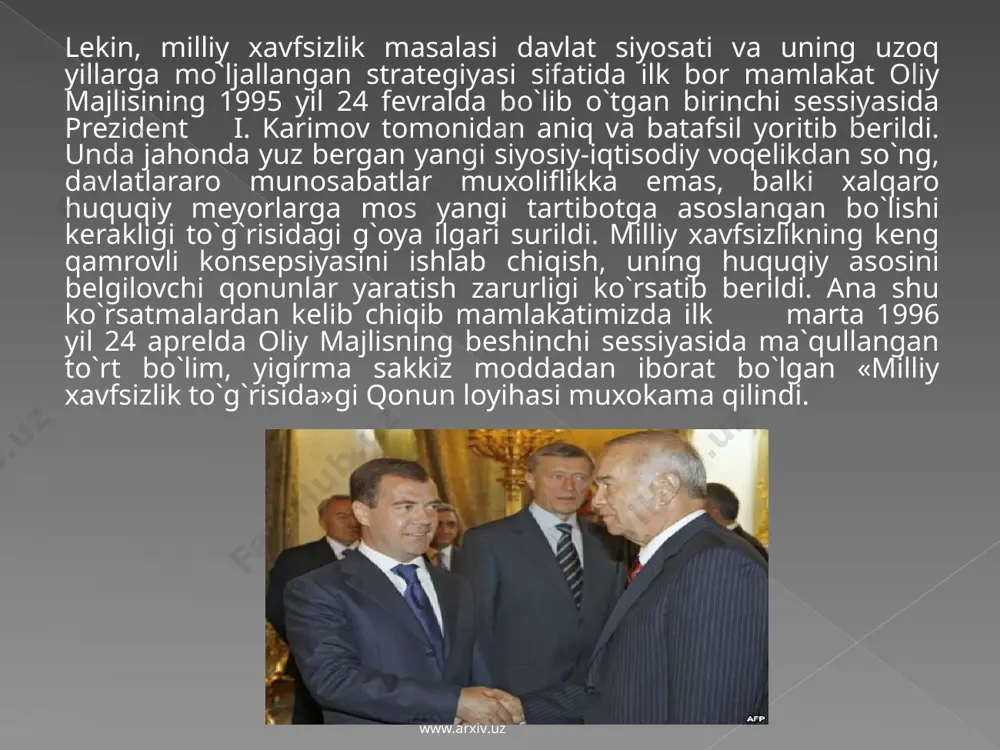 oqni ko`zlagan, hayot haqiqatiga tayangan das-turlar asosida ish olib borildi. www.arxiv.uz www.arxiv.uz www.arxiv.uz www.arxiv.uz uchinchidan, o`zbekiston turli mustaqil davlatlarning iqti-sodiy, siyosiy, ma`naviy jihatdan manfaatdorligini nazarda tutib, yangicha sharoitlarda, yangicha shakl va mazmundagi ham-korlikni vujudga keltirish tashabbusi bilan chiqdi. bu mus-taqil davlatlar hamdo`stligi, markaziy osiye mamlakatlari hamdo`stligi singari ko`p tomonlama ijtimoiy-iqtisodiy man-faatlar asosida ko`rilgan tashkilotlar sifatida o`rtaga tash-landi.hayot o`zbekiston ishlab chiqqan xalqaro munosabatlar ri-vojlanish tamoyillarining asosli ekanligini ko`rsata bosh-ladi. jahon siyosatdonlari va jamoat arboblari xam uning yangicha qarashlariga yuksak baho bera boshladilar va o`z vaqtida qo`llab-quvvatladilar. www.arxiv.uz www.arxiv.uz o`zbekiston rahbari i. karimovning 1994 yil 23 sentabr-da birlashgan millatlar tashkiloti bosh assambleyasining 48-sessiyasida qilgan nutqi bir jihatdan o`zbekiston imkoni-yatlarini, uning ma`naviy, iqtisodiy va siyosiy taraqqiyot yo`llarini jaxrn miqyosiga olib chiqqan bo`lsa, ikkinchi to-mondan jahon siyosati yo`nalishlariga, ijtimoiy siyosiy ja-rayonlar borishiga uning o`ziga xos yondashuvi, o`ziga xos baho-lash usuli va yo`naltirish uslubi mavjudligini ochiq-oydin ko`rsatdi. www.arxiv.uz www.arxiv.uz o`shanda o`zbekiston rahbari jahrnda tinchlik va …