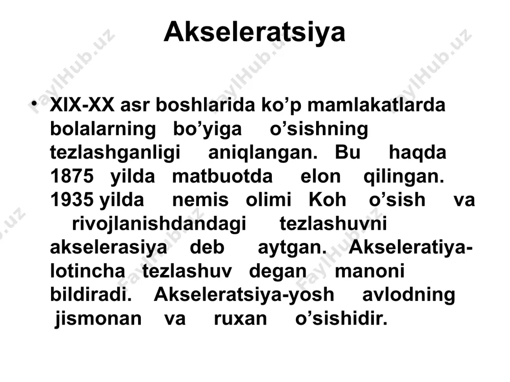 rishlari shu narsani ko’rsatadiki, akseleratsiya holati tana og’irligining o’zgarishida ham o’z aksini topmoqda. keyingi 30-40 yillar ichida tug’iladigan bolalar og’irligi o’rtacha 200 gr ko’paygan. hozir bir yoshlik bolalar bundan 50 yil oldingiga qaraganda 1,5-2 kg og’irroqdir. shu narsa ma‘lumki, o’g’il va qiz bolalarning jinsiy yetilishi ham ancha tezlashgan. akseleratsiya faqatgina bolaning bo’yi va og’irligiga tegishli bo’lib qolmasdan uning aqliy faoliyatiga ham tegishlidir. radio, televidenie va taetrlarning ko’payishi tufayli yoshlar ko’plab informatsiya olmoqda, aqliy jihatdan tezroq rivojlanmoqda. akseleratsiya holati geliogen nazariya-quyosh nuri tasiri orqali elementar nazariya-oziq moddalar serobligi orqali urbanizatsiya nazariya-turmush madaniyatini yuksalishi orqali lekin yuqoridagi nazariyalarning birontasi ham akseleratsiyaning asosiy sababini tushuntira olmaydi. rossiya olimlarining fikricha akseleratsiyaning asosiy sababi bolalar orasida kasalliklarning keskin kamayib ketishi, ovqatlanish sifati va turmush sharoitining yaxshilanishi, jismoniy tarbiya va sport bilan shug’ullanishning yaxshi yo’lga qo’yilishidir. shunday qilib, akseleratsiya ham sotsiologik, ham biologik nuqtai nazardan inson hayot sharoitining yaxshilanib borishi ko’rsatgichidir. akseleratsiya tufayli bo’ladigan jsmoniy va …