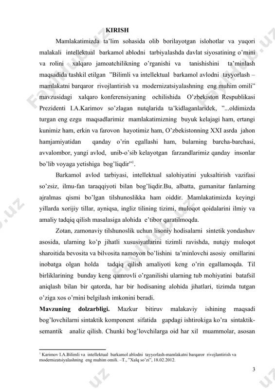 grammatik xususiyatlari va vazifalari mavjud. tilshunos olimlarning nuqtai nazarlariga ko’ra, so’z turkumlari va ularning gapdagi vazifalari turlichadir. so’z turkumlari bir biridan ma’no va funksiyalari bilan farq qiladi. shu sababli mazkur bitiruv malakaviy ishda yordamchi so’z turkumi bo’lgan bog’lovchilarni hozirgi zamon ingliz tili gap strukturasida ishlatilishini ilmiy tadqiqot qilishni maqsad qilib qo’yilgan. bitiruv malakaviy ishining o’rganilganlik darajasi. hozirgi zamon ingliz tilida bog’lovchilar bilan bog’liq muammolar ustida tilshunos olimlardan v. il’ish, j. bo’ronov, s. frays, k.kachalova va boshqa olimlarning ilmiy nazariy fikrlari o’rganildi. hamda gaplar tuzilishida bog’lovchilarni amalda to’g’ri va o’rinli ishlatilishini ingliz va amerika olimlari n.coe, r. raykroft, m. evangelidou, dorothy e.zemachning bog’lovchilar bilan bog’liq amaliy ishlaridan foydalanildi. bitiruv malakaviy ishining vazifasi. bitiruv malakaviy ish mavzusiga doir ilmiy-metodik va amaliy manbalarni o’rganish va tahlil qilish; hozirgi zamon ingliz tilida so’z turkumlari klassifikatsiyasining asosiy prinsiplari; so’z turkumlari haqida umumiy ma’lumot berish; bog’lovchilar haqida umumiy ma’lumot berish; bog’lovchilarning gapdagi vazifasiga ko’ra turlarini aniqlash; …