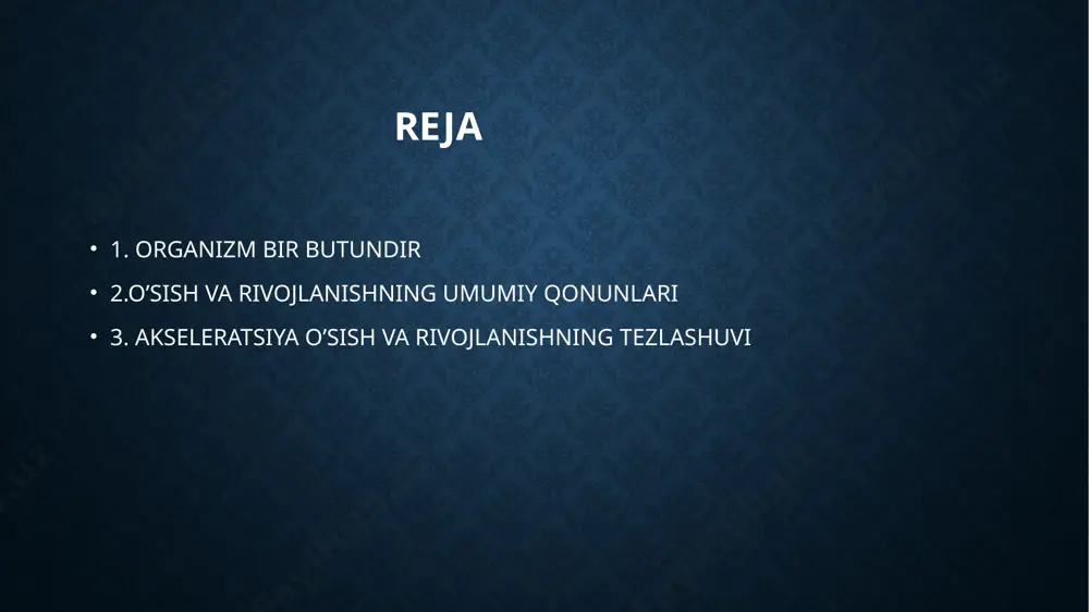 h; 4. birinchi bolalik davr – 4-7 yosh; 5. ikkinchi bolalik davr – o’g’il bolalar 8 - 12 yosh; qiz bolalar 8 - 11 yosh; 6. o’spirinlik yosh davri- o’g’il bolalar13 - 16 yosh; qiz bolalar 12 - 15 yosh; 7. navqironlik davr yoshi- o’g’il bolalar 17 - 21 yosh; qiz bolalar 16 – 20 yosh; 8. yetuklik yoshi- birinchi davr: erkaklik 35 yoshgacha; ayollar 21- 35 ; ikkinchi davr: erkaklik 36 - 60 yosh; ayollar 36 - 55 yosh; 9. qarilik yoshi -erkaklar 61 - 71 yosh; ayollar 56 - 74 yosh; 10. keksalik yoshi- erkaklar va ayollar 90 yoshgacha; 11. uzoq umr ko’ruvchilar- erkak va ayollar 90 yosh va undan yuqori. foydalanilgan adabiyotlar xalmatova b.t, karimov m.sh «tibbiyot kasbiga kirish» toshkent arziqulov r. u ".sog'lom turmush tarzi" 2005 jil safarova d. valeologiya t 2006 jil sharipova dd. shoxmurova g a ibrahimxojaev b.u. mannopova n sh . "valeologiya asoslari" …