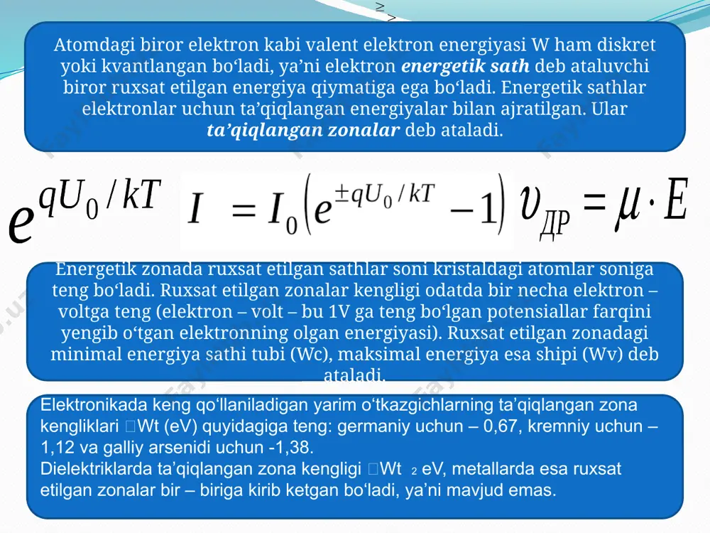 lda e. franklend kiritdi. rus kimyogari a. m. butlerov kimyoviy tuzilish nazariyasini kashf qilishida valentlik muhim rol oʻynadi. .d. i. mendeleyev elementlarning davriy sistemadagi oʻrni bilan valentlik. oʻrtasida bogʻlanish borligini isbotladi hamda oʻzgaruvchan valentlik tushunchasini kiritdi. 1897 yilda elektronlar ochilishi bilan valentlikning elektron nazariyasiga asos solishga harakat qilindi (ingliz fizi-gi j. tomson). atomning kvant mexanikasi nazariyasi yuzaga kelgach (1926), valentlikning mohiyati oydinlashdi. bu nazariyaga muvofiq, valentlik juftlanmagan (yakka) elektronlar soniga teng . mas., ishqoriy metallar atomining tashqi elektron qavatida bitta elektron bor. shunga koʻra ular bir valentlikdir. baʼzi atomlarda juftlanmagan elektronlar reaksiya jarayonida hosil boʻladi. reaksiya paytida juftlangan ikki elektron yakkalashib, juftlanmagan ikkita elektron beradi. shunday qilib, juftlanmagan elektronlar soni toʻrttaga yetadi. baʼzan atomlar taʼsirlanib boshqa valent holatiga oʻtishi, bitta elektronni boshqa atomga berishi yoki boshqa bir atomning elektronini biriktirib olishi mumkin. metallar (yun. metalleuo — qaziyman, yerdan qazib olaman) — oddiy sharoitda yuqori elektr oʻtkazuvchanligi, issiq oʻtkazuvchanligi, elektr oʻtkazuvchanligi, …