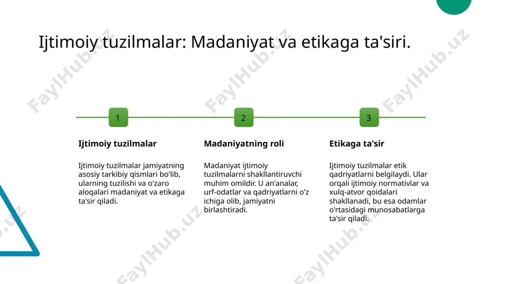 ul qilishni talab qiladi. milliy madaniyat va jamiyat tizimlari o'rtasidagi aloqalar. 1 milliy madaniyat - milliy madaniyat o'zbekistonning tarixiy, diniy va madaniy merosidan kelib chiqadi. u xalqning qadriyatlari va urf-odatlarini o'z ichiga oladi. 2 jamiyat tizimlari - o'zbek jamiyat tizimlari iqtisodiy, siyosiy va ijtimoiy faktorlar asosida tashkil etilgan. ular xalqning hayotini boshqarishda muhim rol o'ynaydi. 3 aloqalar dinamikasi - milliy madaniyat va jamiyat tizimlari o'rtasidagi aloqalar dinamik bo'lib, ular bir-birini ta'sir qiladi va o'zaro rivojlanadi, muvozanatni saqlaydi. 4 zamonaviy ta'sir - globalizatsiya jarayonlari milliy madaniyatga va jamiyat tizimlariga yangi ta'sirlar olib kelmoqda, bu esa o'zbek an'analarini yangilashni talab qilmoqda. o'zbekistonda jamiyat tizimlarining global ta'siri va o'zgarishlar. 1 globalizatsiya ta'siri - o'zbekistondagi jamiyat tizimlari globalizatsiya jarayonlari natijasida yangi qadriyatlar va g'oyalar bilan boyitilmoqda, bu esa ijtimoiy o'zgarishlarga olib keladi. 2 ijtimoiy o'zgarishlar - o'zbekistonda ijtimoiy tizimlar global ta'sirlar bilan o'zgarib, yangi ijtimoiy strukturalar, ishbilarmonlik modellarini va madaniy normalarni shakllantirmoqda. 3 madaniy …