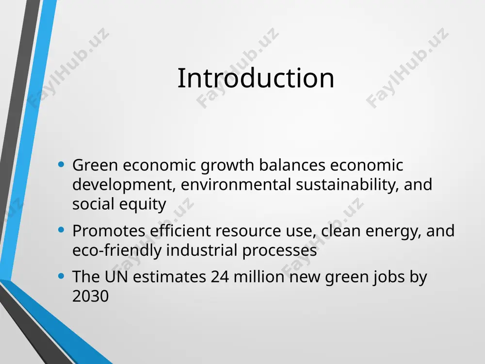 lenges strategies for green growth businesses: invest in energy-efficient production and low-carbon technologies governments: implement carbon pricing, subsidies, and strict regulations public-private partnerships: fund research and infrastructure international cooperation: paris agreement and eu green deal drive policies uzbekistan’s green economy initiatives renewable energy: plans to reach 25% capacity by 2030 with 5 gw solar & 3 gw wind carbon reduction: goal to cut emissions by 35% by 2030 water management: sustainable farming to address water scarcity green cities: investments in electric transport and energy-efficient buildings future outlook & conclusion green growth creates jobs, boosts resilience, and drives long-term prosperity global collaboration is essential for a low-carbon future investing today ensures a sustainable and economically strong tomorrow image2.jpeg image3.jpeg /docprops/thumbnail.jpeg