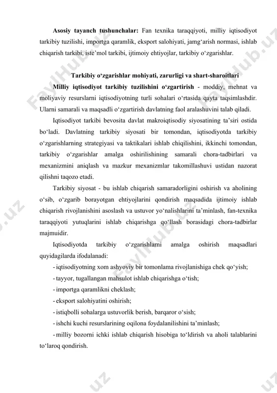 ta’minlash; · milliy bozorni ichki ishlab chiqarish hisobiga to‘ldirish va aholi talablarini to‘laroq qondirish. iqtisodiyot rivojlanishining boshlang‘ich davrlarida kapital qo‘yilmalar tez va yuqori samara beruvchi yo‘nalishlarga sarflanishi, xususan, asosiy ishlab chiqarish jarayonlarini mexanizatsiyalashga, iqtisodiyotning asosiy va zarur tarmoqlarini vujudga keltirishga yo‘naltirilishi kerak. mustaqil davlat iqtisodiyoti shakllana borgan sari, mazkur yo‘nalishlarga sarflanadigan investitsiyalar miqdori o‘z-o‘zidan kamaya boradi. o‘zbekistonda bozor iqtisodiyotiga o‘tish davrida 2020 yillarga mo‘ljallangan iqtisodiyot tarkibini o‘zgartirish konsepsiyasi amalga oshirilmoqda. 2010-2020 yillarda iqtisodiy salohiyatda davlat tomonidan ko‘zda tutilgan tarkibiy o‘zgarishlar jumlasiga quyidagilar kiradi: qishloq xo‘jaligini yangi texnika bilan ta’minlash, qishloq xo‘jaligi va unga bog‘liq bo‘lgan sohalarning iqtisodiy munosabatlarini takomillashtirish; iqtisodiyotning yuqori samarali, eksportga yo‘naltirilgan tuzilmasini shakllantirish; iqtisodiyotning tayanch tarmoqlarini texnika bilan qayta jihozlash va yanada rivojlantirish; yengil va qayta ishlash sanoat korxonalarini texnika bilan jihozlash va zamonaviylashtirish; - yuqori texnologiya va ilm talab ishlab chiqarishni jadal rivojlantirish. o‘zbekiston respublikasida davlatning amalga oshirayotgan oqilona iqtisodiy siyosati natijasida o‘tish davrida ko‘pgina mdh …