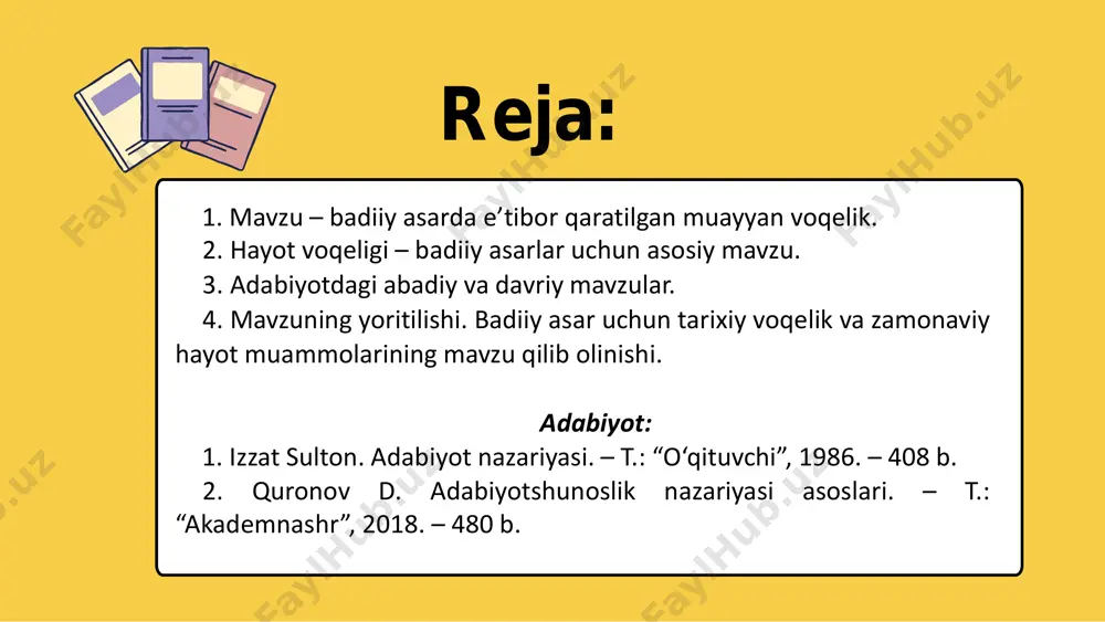 gan va qo‘liga qalam olishga majbur etgan hayotiy material «mavzu» yoki «problema» deb ataladi». hayot voqeligi – badiiy asarlar uchun asosiy mavzu. • bundan farqli o‘laroq, biz mazmun komponentlarini badiiy ijod jarayoni va asarda namoyon bo‘lishi nuqtayi nazaridan farqlash tarafdorimiz. shunga ko‘ra, «problema» va «mavzu» alohida tushunchalar, ularni ikkita atama bilan nomlash to‘g‘ri bo‘ladi deb hisoblaymiz a.qahhor yoshlar seminarida so‘zlagan nutqida aytadiki, «yozuvchi biron hodisaga o‘quvchida muhabbat yoki nafrat hissi qo‘zg‘atishi uchun avval o‘sha his o‘zida bo‘lishi kerak». his etish uchun esa «ijtimoiy hodisalarni tahlil qilish, uning yaxshi, yomon ekanini bilish» lozim. «yozuvchi turmush hodisasini tahlil qilganidan so‘ng unga ma’lum munosabatda bo‘ladi. bu munosabati uning qanoati bo‘ladi. uning biron hodisani his qilishi mana shu qanoati asosida bo‘ladi». a.qahhorga ko‘ra, «yozuvchi hech vaqt «nima to‘g‘risida yozsam ekan?» deb o‘ylab, keyin birdaniga biron to‘g‘rida yozishni ixtiyor qilmaydi. aksincha, hodisaga ma’lum munosabati, qanoatidan kelib chiqqan rozilik yoki norozilik uni yozishga majbur qiladi, uni …
