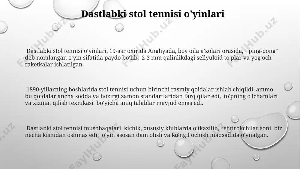 dan ortiq oltin medalni qo'lga kiritdi, bu ularning sportdagi ustunligini ko'rsatadi. janubiy koreyalik ju se-hyok singari afsonaviy o'yinchilarning o'ziga xos uslubi va kuchli xizmatlari jahon stol tennisi tarixiga o'z izini qoldirdi. ma long kabi zamonaviy o'yinchilarning 5 ta jahon chempionati unvonini qo'lga kiritishi va ko'plab rekordlarini yangilashi ushbu sportning yuqori darajasidan dalolat beradi. badminton va stol tennisining farqlari badminton ochiq havoda yoki katta maydonlarda o‘ynalsa, stol tennisi esa maxsus stol ustida o‘ynaladi, bu o‘yin maydonining hajmi va o‘yin muhitining farqini ta’kidlaydi. badminton to‘rida 2-6 o‘yinchi ishtirok eta olsa, stol tennisi faqat 2 yoki 4 o‘yinchi (yakka yoki juftlik) o‘rtasida o‘tkaziladi, bu o‘yinchi soni jihatidan sezilarli farqni ko‘rsatadi. badminton raketkalari kattaroq va og‘irroq, to‘pi esa ancha yengilroq bo‘lib, 16 gramm atrofida vaznga ega, stol tennisi raketkalari esa ancha kichik va yengil, to‘pi esa 2,7 gramm atrofida. o'yinning dastlabki qoidalari stol tennisi o'yinining dastlabki qoidalari 1920-yillarda shakllangan bo'lib, to'pni faqatgina xurmo bilan …
