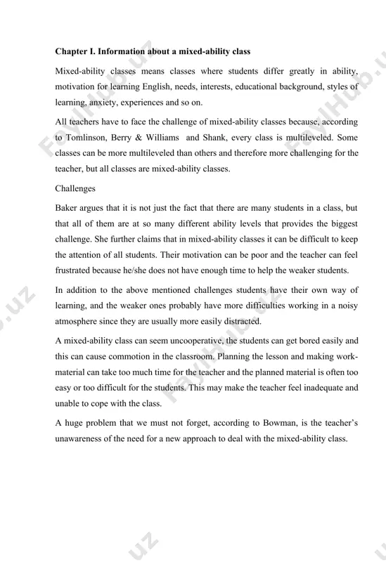 ne positive side is that the lesson can be easier to plan and manage in some ways since the teacher does not have such a wide range of abilities to deal with. on the other hand to separate the slow learners can do harm to their social and emotional difficulties because by being placed in a “slow class” they can think of themselves as different, difficult, inferior or other negative terms. dornyei stresses the importance of a positive attitude among the teachers who are to teach these weaker groups[footnoteref:1]: [1: domney zoltan. (2001). motivational strategies in the language classroom. cambridge: cambridge university press. ] this means, for example, that ability grouping is a dangerous practice because teachers who are to teach the low ability groups are bound to be influenced by this knowledge, which may send the children on an ever downward spiral of low achievement and low expectations. 1.2 …