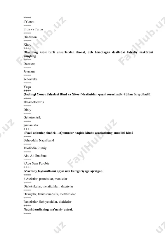 === arastu ==== forobiy sensualizm vakillari tо‘g‘ri kо‘rsatilgan javobni belgilang? ==== forobiy, nitsshe, fukuyama, lao szi ==== ibn sino, kant, gegel, konfusiy ==== # yum, j.berkli, f.nitsshe, z.freyd ==== f.akvinskiy, n.kuzanskiy, a.avgustin ++++ «dixotomiya», «axill», «stadiy» kabi mashhur aporiyalar muallifi kim? ==== geraklit ==== protagor ==== #zenon ==== parmenid ++++ geografik determinizm oqimining asoschisi? ==== j.j.russo ==== #sh.l.monteske ==== dj.berkli ==== i.kant ++++ qaysi davrda tabiatga go‘zallik va ilhom manbai deb qarashga asoslangan yangicha munosabat yuzaga keldi? ==== #uyg‘onish davri ==== antik davr ==== yangi davr ==== eng yangi davr ++++ jon haqidagi ta’limotni birinchi bo‘lib kim yaratgan? ==== aristotel ==== forobiy ==== #platon ==== kant ++++ qaysi faylasuflar moddiy va ideal hodisalarni farqlagan? ==== #suqrot va platon ==== suqrot va protogor ==== platon va protogor ==== geraklit va suqrot ++++ qaysi faylasuf ruhiy hodisalarni tuyg‘ular dunyosi va intellektga ajratgan? ==== geraklit ==== suqrot ==== #platon ==== pifagor ++++ pozitivizmning …