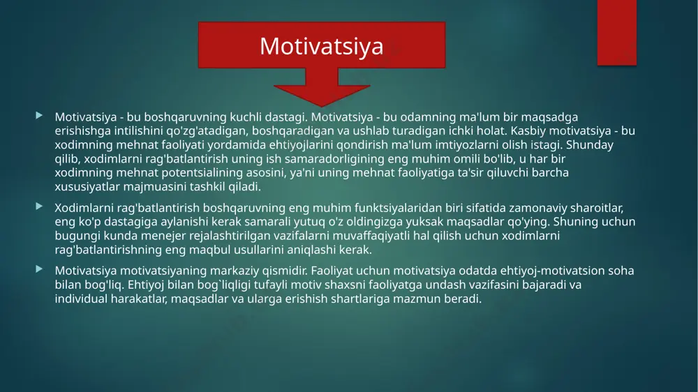 klangan vazifalarni astoydil bajarish foydasiga tanlashi. xulq-atvorni nazorat qilish va saqlash. maqsadli shaxs, ya'ni. g'ayratli, qat'iyatlilik va unga erishishga qiziqish ko'rsatadi. u tizimli ravishda kerakli harakatlarni bajaradi va uning uchun mehnat faoliyati ustunlik qiladi. mukofotlar rag'batlantiruvchi sifatida mukofotlardan foydalanish xodimlarning motivatsiyasini ikki toifaga ajratadi: ichki va tashqi motivatsiya. ichki mukofotlar - bu ichki, psixologik mukofotlar, masalan, biron bir ishni bajarish hissi yoki biror narsa qilish, chunki u o'zini yaxshi his qiladi. tashqi mukofotlar - boshqa odamlar sizga beradigan pul, maqtovlar, bonuslar yoki sovrinlar kabi mukofotlar. bu duglas makgregorning x nazariyasini yaratgan ilmiy nazariyasiga taalluqlidir, bu xodimlarning tashqi ehtiyojlariga taalluqlidir. motivatsiya uchun asos - bu nazorat tuzilmasi va pul. ilmiy nazariya xodimlar ishlashni istamasliklari sababli ularni o'z ishlarini majburan majbur qilishlari va pul kompensatsiyasini jalb qilishlari kerak degan asoslarga asoslanadi. shuningdek, mcgregor nazariyasidan kelib chiqadigan y nazariyasi, xodimlarni ichki yoki shaxsiy motivlar deb ta'kidlaydi. sovrin. ushbu nazariya yordamida xodimlarning o'z ishlarida …