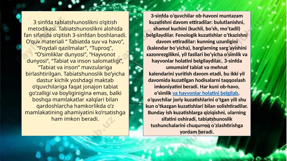 olalarning xilma-xil hissiyot va qabul qilishlaridan to’laroq foydalanish uchun ko’rgazmali qurollarni namoyish qilish bilan birga ularni gigiyena qoidalarini amaliy jihatdan bajarishga o’rgatish zarur. gigiyena bilimlarining muvaffaqiyatli egallab olinishi o’qitishning barcha xilma-xil metodlari hamda uslublarini qo’llanish bilan ta‘minlanadi. shu maqsadda “odam organizmi va uning salomatligini muhofaza qilish” mavzusini o’rganishda o’z-o’zini kuzatishdan keng foydalaniladi, uning yordamida faqat organizmda borayotgan jarayonlarni aniqlabgina qolmasdan, balki o’zining salomatlik holatini belgilash ham mumkin. odam organizmi va uning salomatligini muhofaza qilish” mavzusini o’rganishga bag’ishlangan darslarda bir necha minutni sanitar o’quvchilarning shaxsiy gigiyena qoidalarining bajarilishi to’g’risidagi qismlarga ajratish ma‘qul bo’ladi. bu bolalarni intizomli qiladi va ularda mas‘uliyat his qilishni tarbiyalaydi. gigiyena bilimlari hamda ko’nikmalarini egallab olishga bolalarni odam tanasining tuzilishi va a‘zolarining vazifalari to’g’risidagi oddiy ma‘lumotlar bilan tanishtirishga yordam beradi. bolalar odam organizmining bir butun ekanligini tushunib olishlari kerak. uchinchi sinf o’quvchilari uchun muskullar bilan qon aylanishning, muskullar bilan ovqatlanishning o’rtasidagi o’zaro bog’lanishlar to’la tushunarlidir. “nerv sistemasi” va …