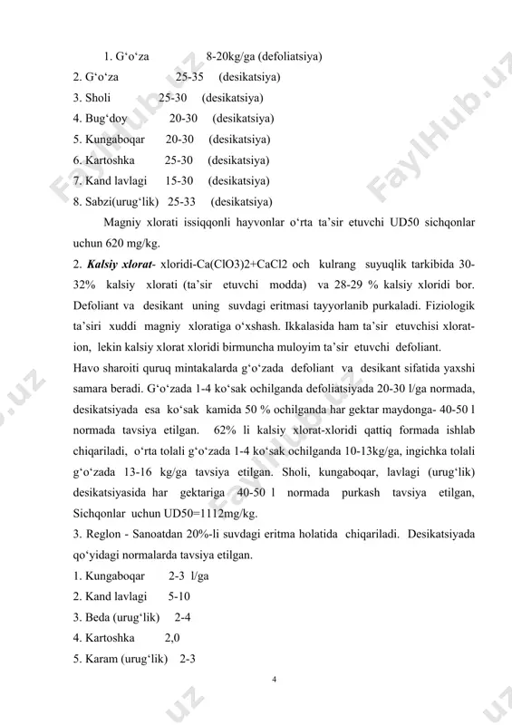 kukun holatida chiqariladi. g‘o‘zada 2-4 ko‘sak ochilganda, paxtani terishga 12-15 kun qolganda 0.25-0.5 kg/ga normada purkash tavsiya qilingan, ingichka tolali g‘o‘zada 0.3-0.6 l/ga normada berilgan. kalamushlar uchun ud50-4000 mg/kg. 5. debos (natriy rodani). oq kristall modda suvda yaxshi eriydi, texnik mahsuloti qizg‘ish yoki kulrang tusda bo‘lgan bo‘ladi. defoliant va desikant sifatida 80%-li kukunidan foydalaniladi. lyupinda 10-20 kg/ga normada tavsiya etilgan. ud50 kalamushlar uchun 500-1000mg/kg. 6. alfa-3, 70% eruvchi kukun. g‘o‘zada 2-3 ko‘sak ochilishi bilan o‘rta- tolali navlarda 17-21 kg/ga; ingichka tolali navlari uchun 4-7 ko‘sak ochilganda purkash tavsiya etilgan. 7. gidrel, 50% suvdagi eritma. 10-15 l/ga. o‘rta tolali g‘o‘za navlarida 1-4 ko‘sak ochilganda ko‘sak ochilishini tezlashtiruvchi stimulyatorlik xususiyatga ega, paxtani terishga 8-10 kun qolganda oxirgi ishlov beriladi. 8. gidrel, 40% suvdagi eritma. 12,5-20 l/ga o‘rta tolali g‘o‘za navlari uchun gidrel 50%-ga tavsiya etilgan. 9. gidrel, 40% v.r.+ butilkaptaks 80% k.e.7.5-12.5l+5 l/ga. o‘rta tolali g‘o‘za navlari uchun tavsiya etilgan. 10. basta …