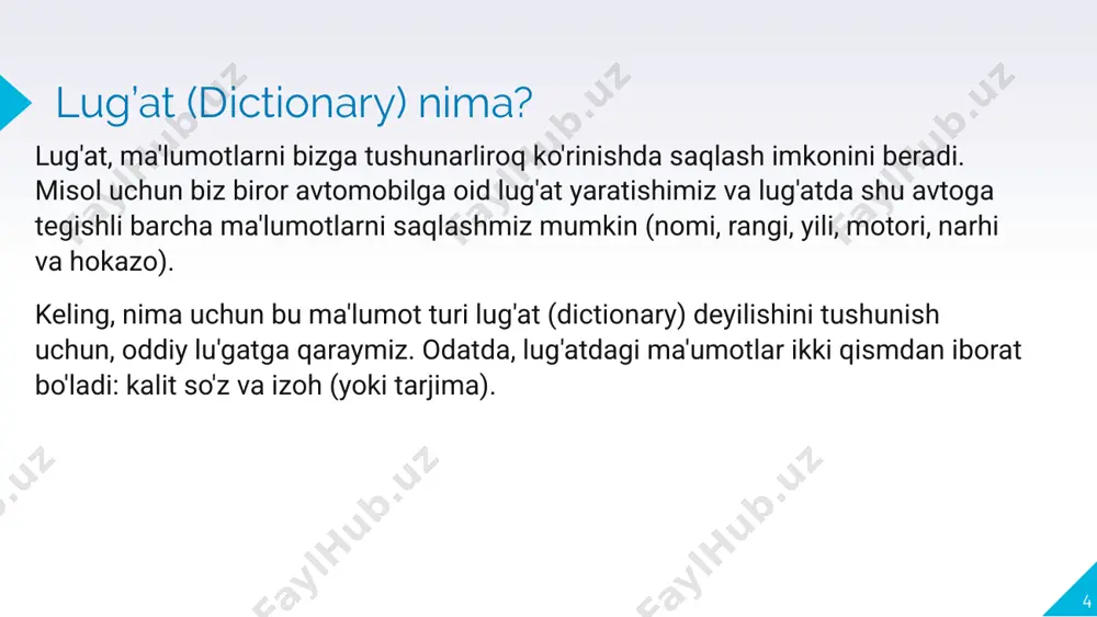 bunday ism mavjud emas 16 lug’atlar bilan ishlash agar .get() metodida ikkinchi argumentni tashlab ketsangiz, va kalit mavjud bo'lmasa .get() metodi none degan qiymatni qaytaradi. none - qiymat mavjud emas degan ma'noni beradi. phone = telefonlar.get('hasan') print(phone) none 17 lug’at elementlari bilan ishlash .items() metodi ushbu metod yordamida lug'at ichidagi barcha kalit-qiymat juftliklarini ko'rishimiz mumkin. talaba_0 = { 'ism':'alijon’, 'familiya':'shamshiyev’, 'yosh':22, 'fakultet':'matematika’, 'kurs’:4 } print(talaba_0.items()) dict_items([('ism', 'alijon'), ('familiya', 'shamshiyev'), ('yosh', 22), ('fakultet', 'matematika'), ('kurs', 4)]) 18 lug’at elementlari bilan ishlash bu metodni to'g'ridan-to'g'ri emas, for tsikli yordamida chaqirish orqali lug'atdagi barcha elementlarni tushunarliroq shaklda ko'rishimiz mumkin. for kalit, qiymat in talaba_0.items(): print(f"kalit: {kalit}") print(f"qiymat: {qiymat} \n") kalit: ism qiymat: alijon kalit: familiya qiymat: shamshiyev kalit: yosh qiymat: 22 kalit: fakultet qiymat: matematika kalit: kurs qiymat: 4 19 lug’at elementlari bilan ishlash yuoqirdagi kodda, talaba_0 lug'atidagi har bir kalit va qiymat juftligini konsolga chiqardik. e'tibor bering, for tsiklida biz bir emas …