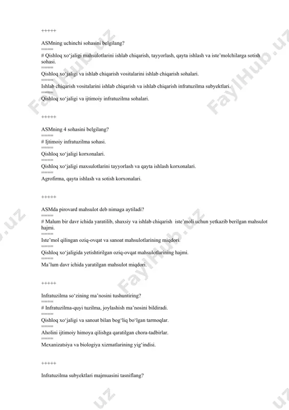rmush sharoitiga xizmat ko‘rsatish majmuasi. +++++ ishlab chiqarish infratuzilmasining asosiy vazifasi nimadan iborat? ==== # xo‘jalik subyektlarining faoliyatiga bevosita ishtirok etib, ularni samarali va barqaror rivojlanishiga shart-sharoitlar yaratish. ==== xo‘jalik subyektlarining faoliyatiga bilvosita ishtirok etib, ularni rivojlanishiga ko‘maklashish. ==== xo‘jalik subyektlari a’zolariga zarur shart-sharoitlar yaratish. ==== xo‘jalik subyektlarida tayyorlanadigan mahsulotlarni sotishda yordam ko‘rsatish. +++++ qaysi xo‘jalik subyektlari bozor infratuzilma subyektlarini tashkil etadi? ==== # bank, sug‘urta, moliya, kredit uyushmalari, lombard, birja, soliq, auksion, ko‘rgazma va boshqalar. ==== mashina traktor parklari, mineral o‘g‘it sotish shoxobchalari va boshqalar ==== maishiy xizmat ko‘rsatish shoxobchalari, tijorat savdo uylari, umumiy ovqatlanish shoxobchalari ==== dam olish sihatgohlari, kasalxonalar, bolalar uyi. +++++ davlatning bosh islohotchi sifatida asosiy vazifasini belgilang? ==== # yerga, yetishtirilgan mahsulot va daromadga egalik hissini mustakamlash, qonun ustuvorligini ta’minlash va boshqalar. ==== yerga xususiy mulkchilikni yo‘lga qo‘yish, yetishtirilgan mahsulotni davlat ehtiyoji uchun sotishni ta’minlash ==== chorvachilik va dehqonchilikni rivojlantirish. ==== qishloqda kasanachilik va tadbirkorlikni …
