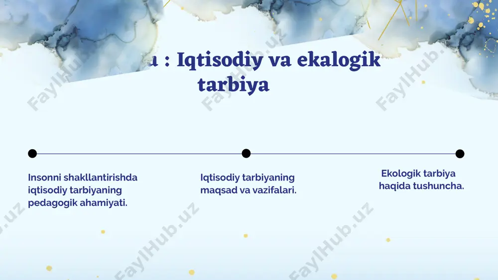 logik dunyoqarashni shakllantirishning negizi oiladagi tarbiyaga bevosita bog‘liqdir. agar bu masala oilada to‘g‘ri yo‘lga qo‘yilmagan bo‘lsa, uni maktablarda, keyingi ta’lim bosqichlarida hamda mehnat jarayonlarida qaror toptirish qiyin bo‘ladi. ekologik ta’lim-tarbiyani asosan, bog‘cha va maktablarda amalga oshirish zarur. bog‘cha bolalarida avval ekologik ta’lim tushunchalari shakllantiriladi. iqtisodning yaxshi yoki yomonligi tejamkorlik bilan bevosita bog'liqdir. bas, shunday ekan bolaga oilada iqtisod, kirim-chiqim mohiyati haqida ta'lim-tarbiya berish kerak. bu ishni o'quvchi bevosita maktab ta'limi davrida oladi. shuning uchun o'quvchida ilk iqtisodiy tushuncha asoslari va ko'nikmalarni tarkib toptirishga alohida e'tibor berilishi shu kunning muhim muammolaridan biridir. iqtisodiy tarbiyaning maqsad va vazifalari. iqtisodiy tarbiya o‘quvchilarda tejamkorlik, ishbilarmonlik, iqtisodiy hisob-kitob qilish qobiliyatini shakllantiradi. iqtisodiy tarbiya mazmuni sharq mutafakkirlari tomonidan muntazam boyitilib, ilmiy asoslab kelingan. bu borada al-xorazmiy matematika fani inson hayotida asosiy o‘rin tutishini alohida ta’kidlaydi iqtisodiy savodxonlik, iqtisodiy madaniyat shaxs ma’naviyatining muhim jihatidir. chunki, iqtisodiyotga oid bilimlar xo’jalikni tashkil etish va samarali yuritishni, foyda olishga yo’naltirilgan …